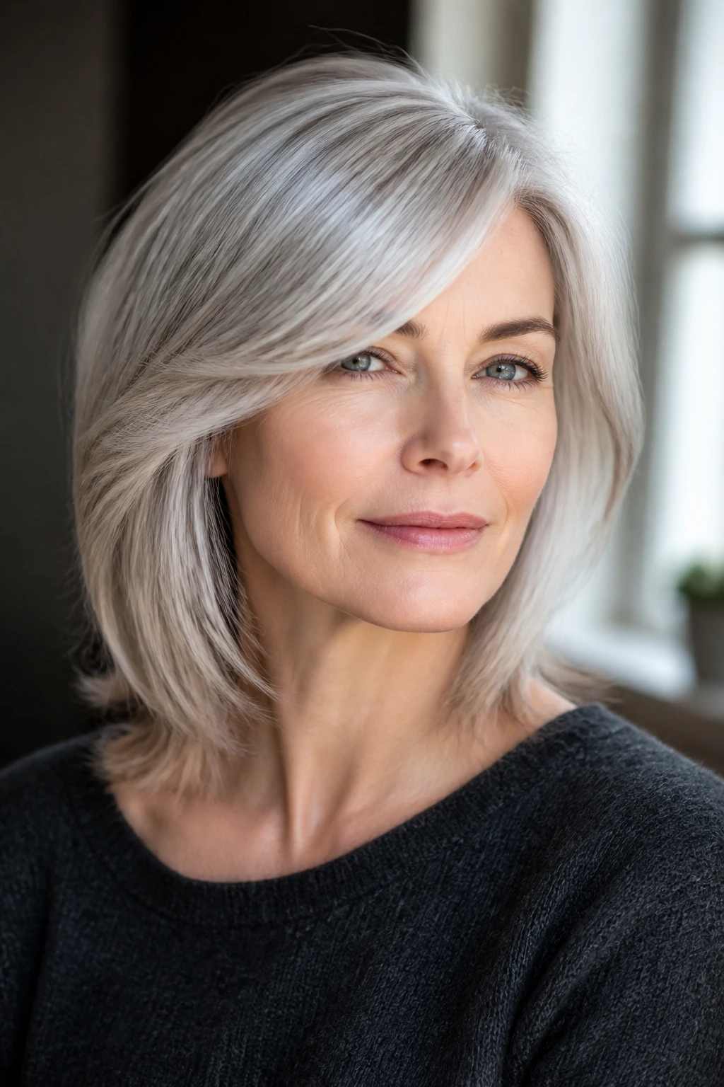 Portrait of a woman with side-swept bangs falling softly along the face