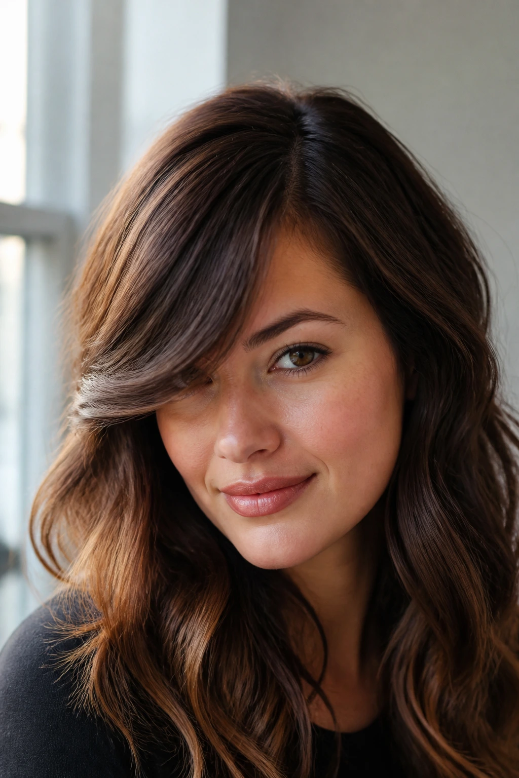 Close-up of a real woman with a deep-part side-swept fringe sweeping across the forehead