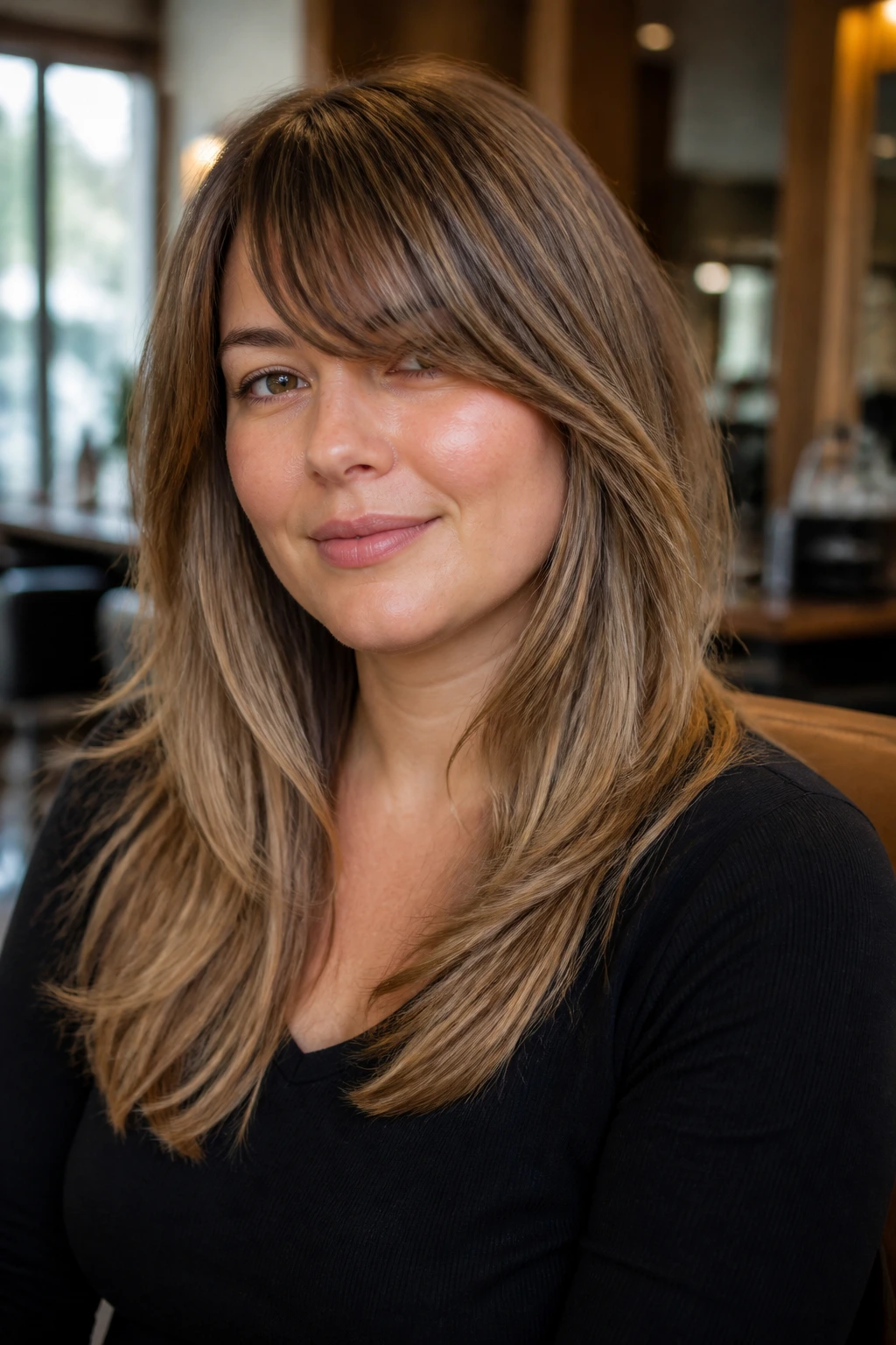 Close-up portrait of a real woman with side-swept bangs and layered framing for a round face