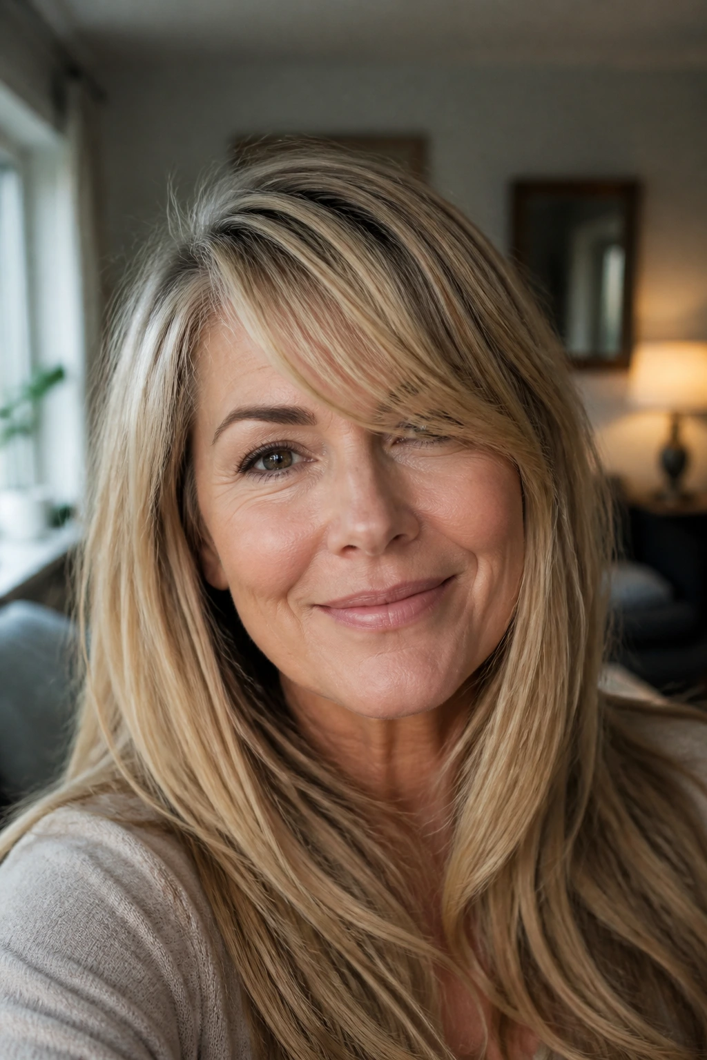 Woman with side-swept blonde bangs in a cozy home setting