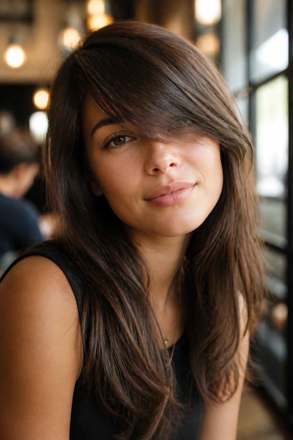 Close-up of woman with long side-swept bangs brushing the eye
