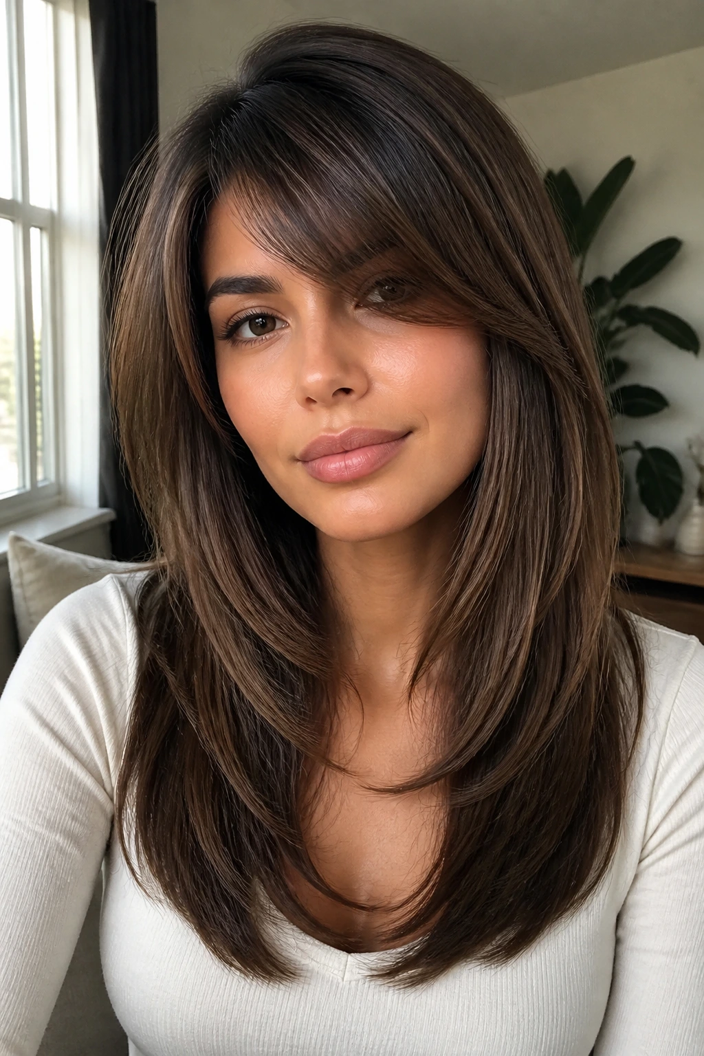 Portrait of a real woman with side-swept bangs and sleek face-framing layers