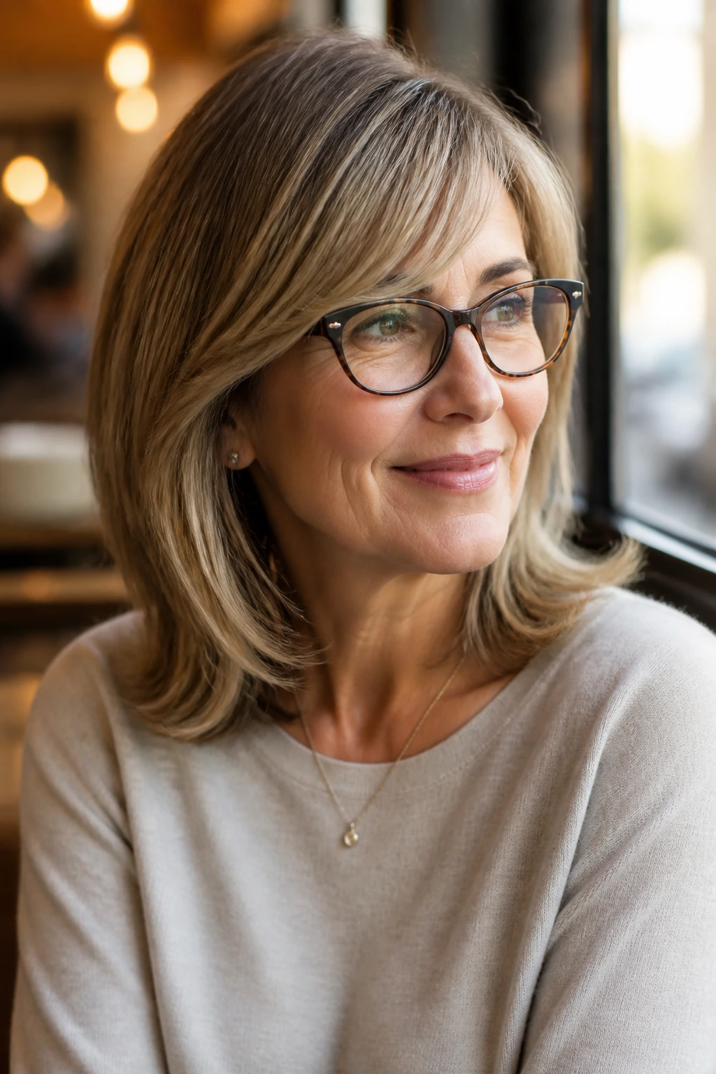 Close-up of a real woman with side-swept bangs and soft flip