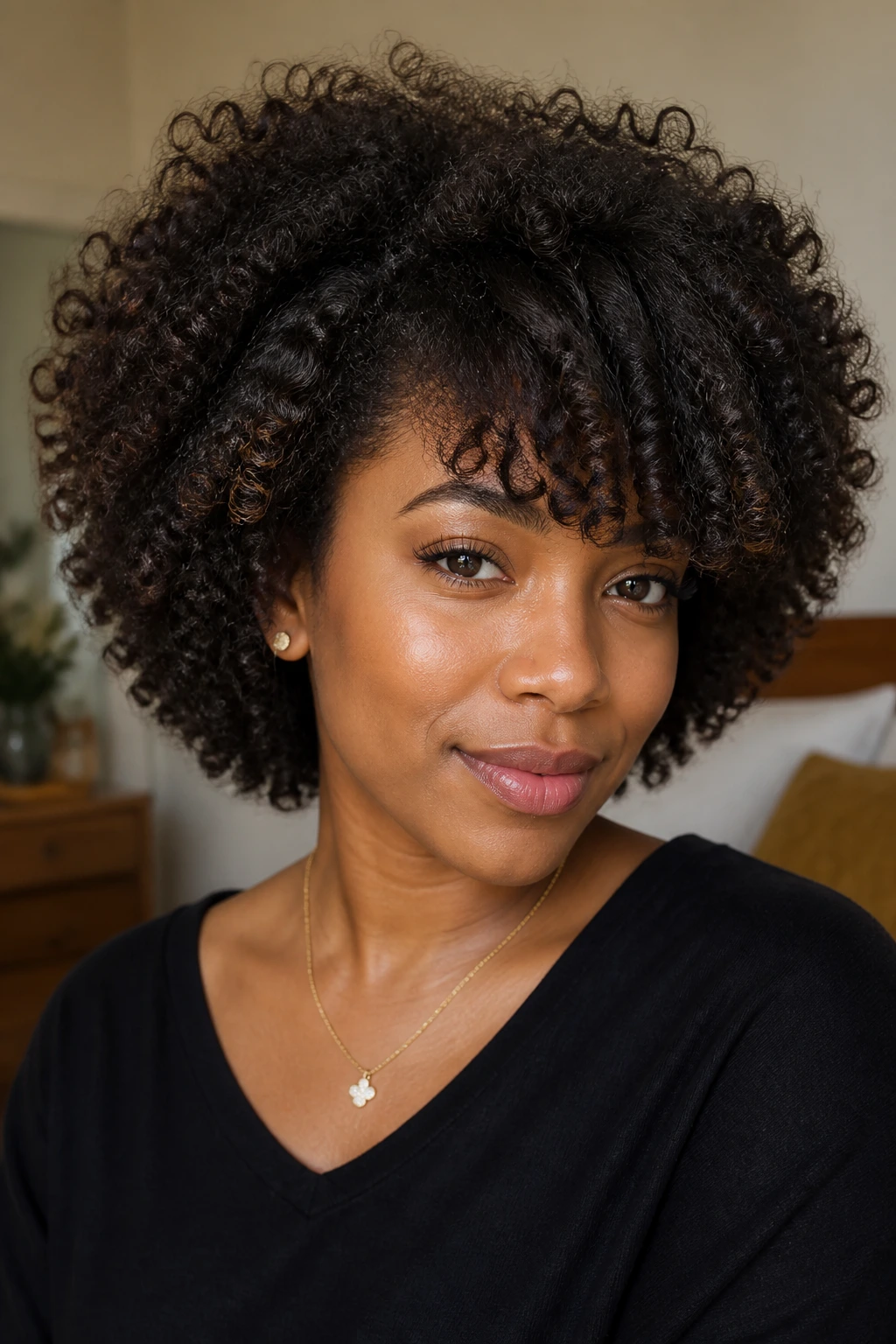 Portrait of a real person with side-swept bangs on a layered halo
