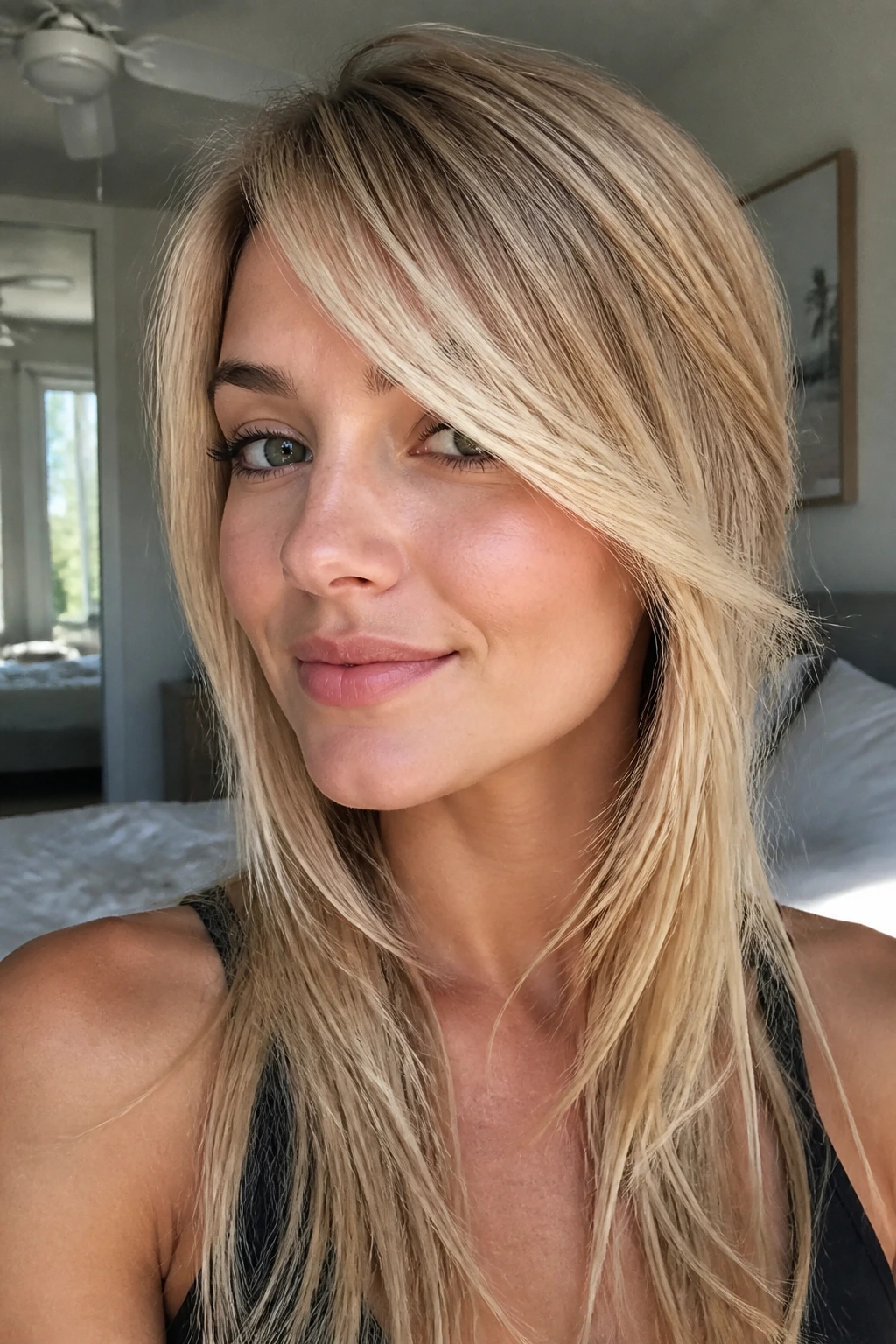 Close-up portrait of a real woman with side-swept bangs and long face-framing pieces in a sunlit bedroom