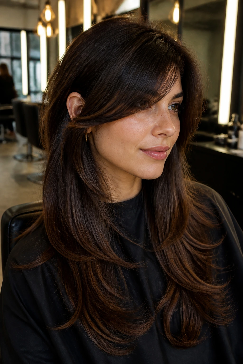 Portrait of a real woman with side-swept bangs and long layers in a salon chair