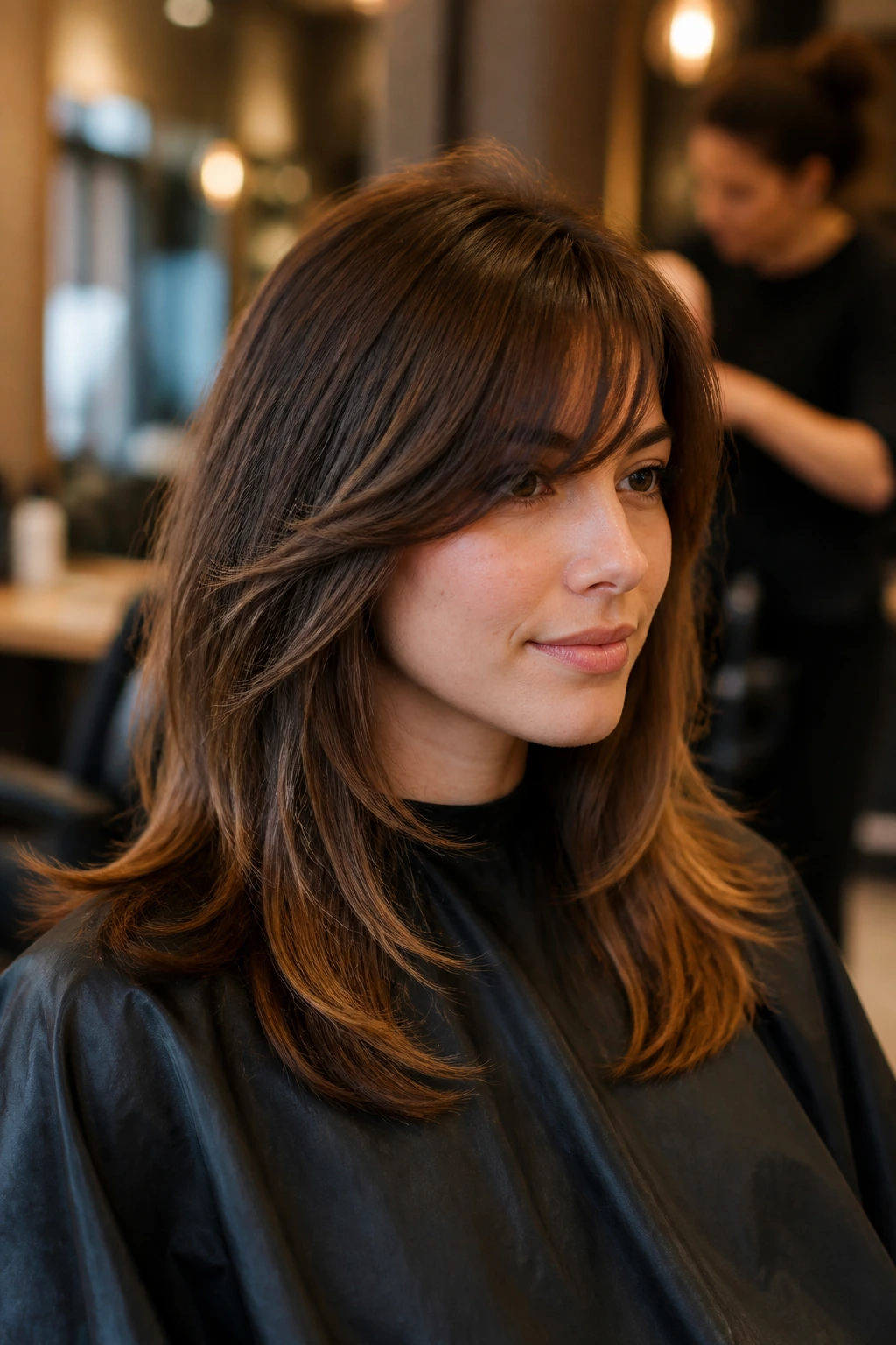 Close-up portrait of a real woman with side-swept bangs and long layers in a salon.