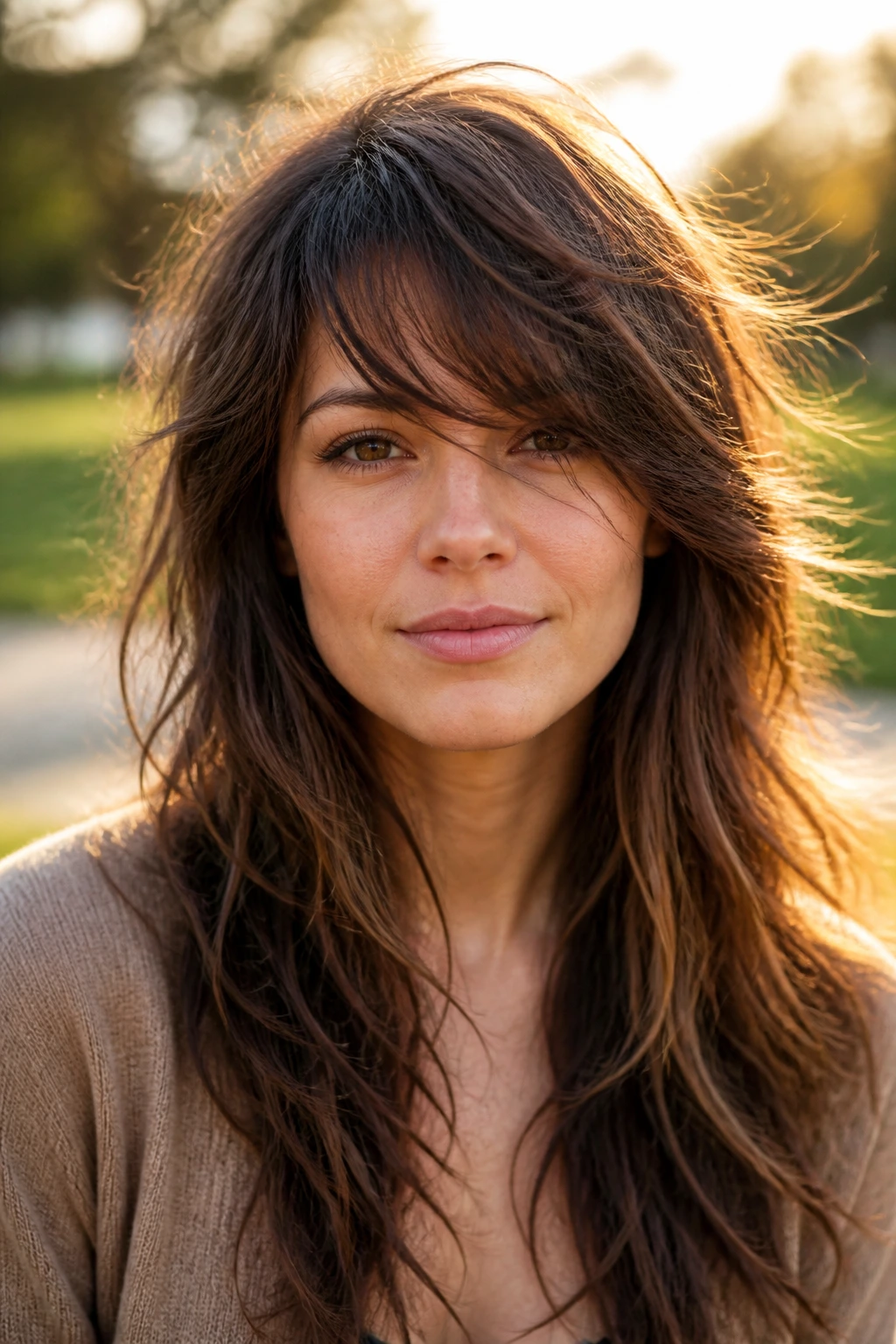 Close-up of a real woman with long shag layers and side-swept bangs.