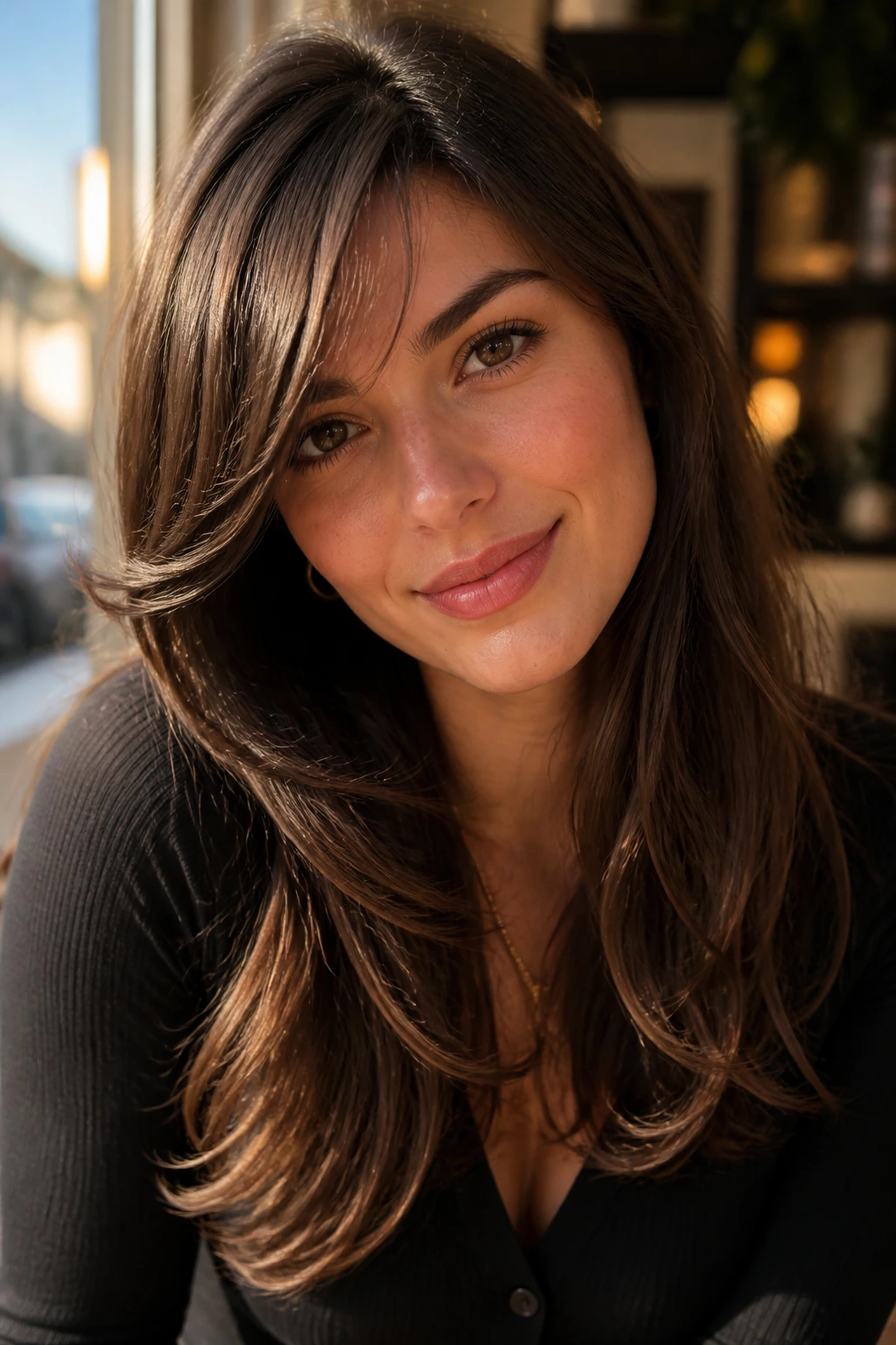 Close-up of side-swept bangs and long swooping layers in a warm cafe setting