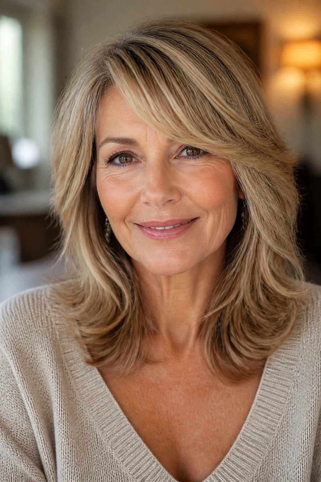 Real woman with side-swept bangs and mid-length layers close-up