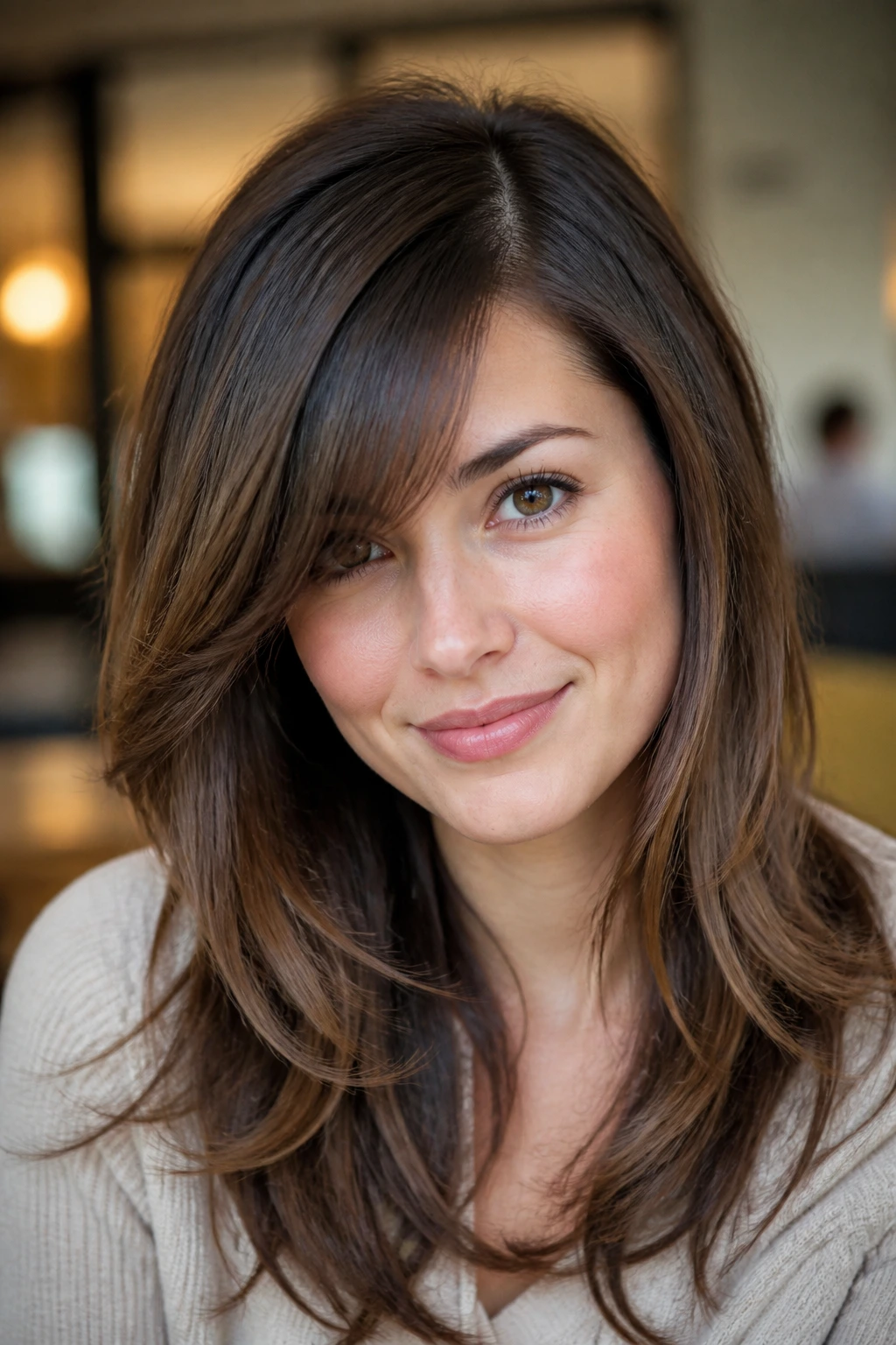 Close-up of side-swept layered bangs with a deep off-center part