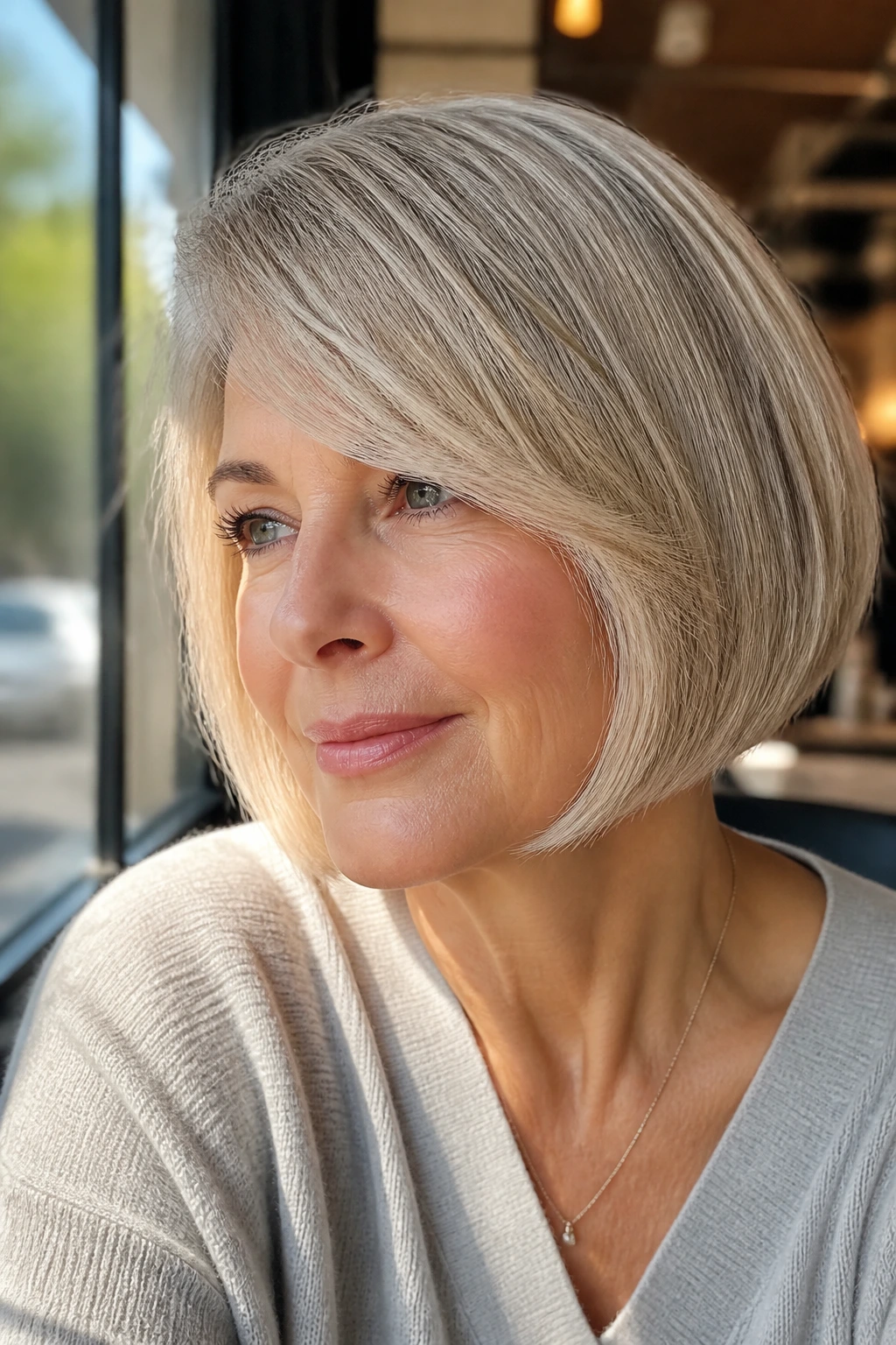 Portrait of a woman with a soft side-swept bang pageboy hairstyle.