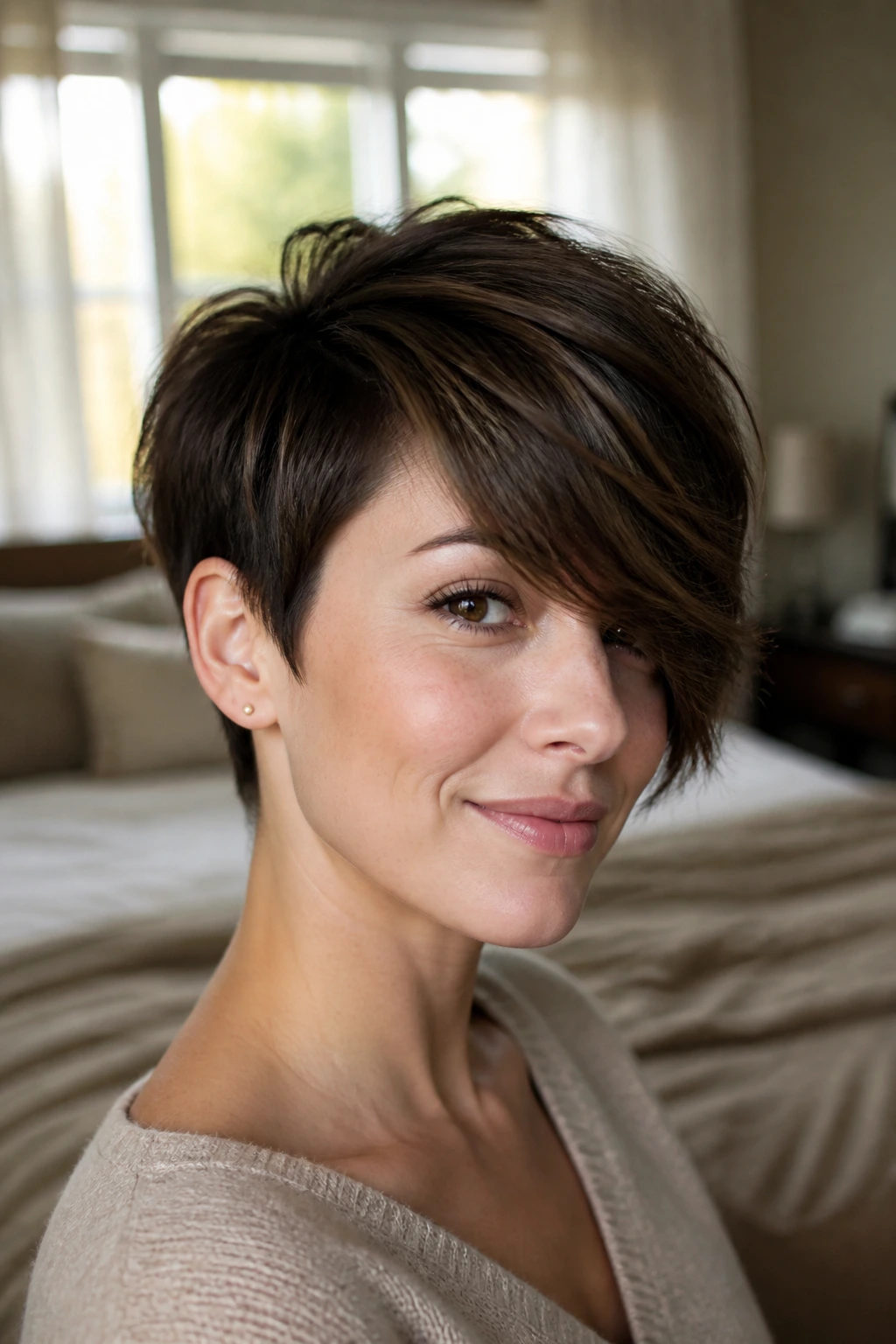 Close-up portrait of a real woman with side-swept bangs and thick crop hair.