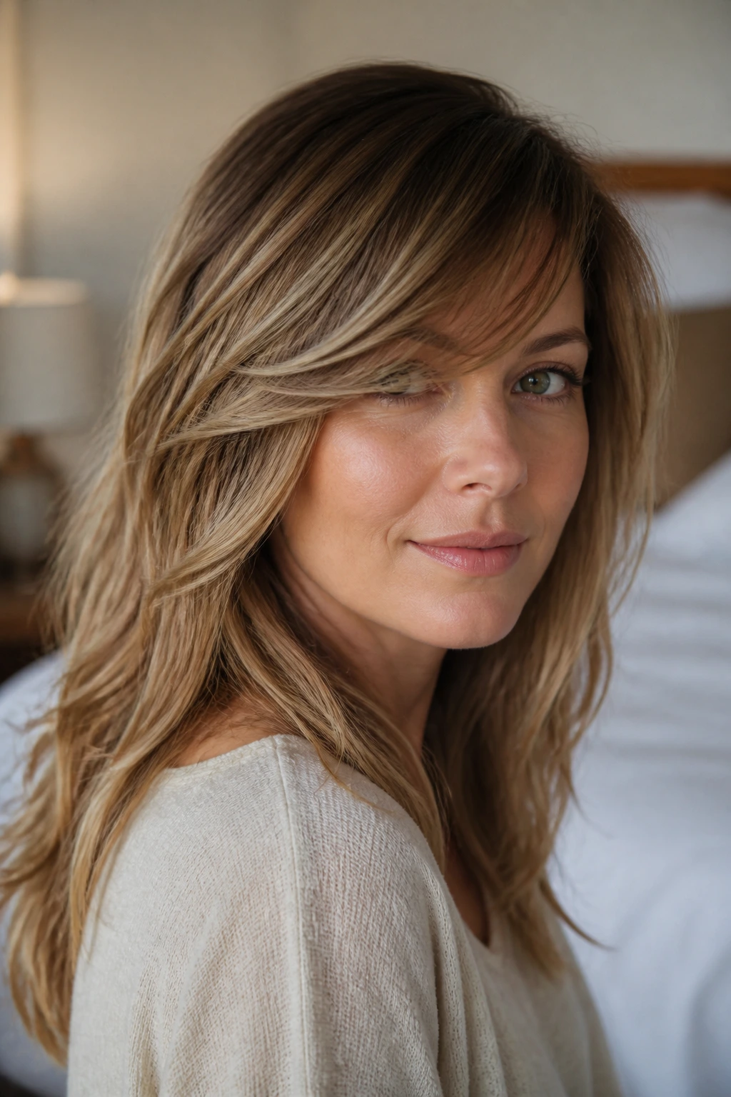 Close-up of a real woman with side-swept bangs in warm window light
