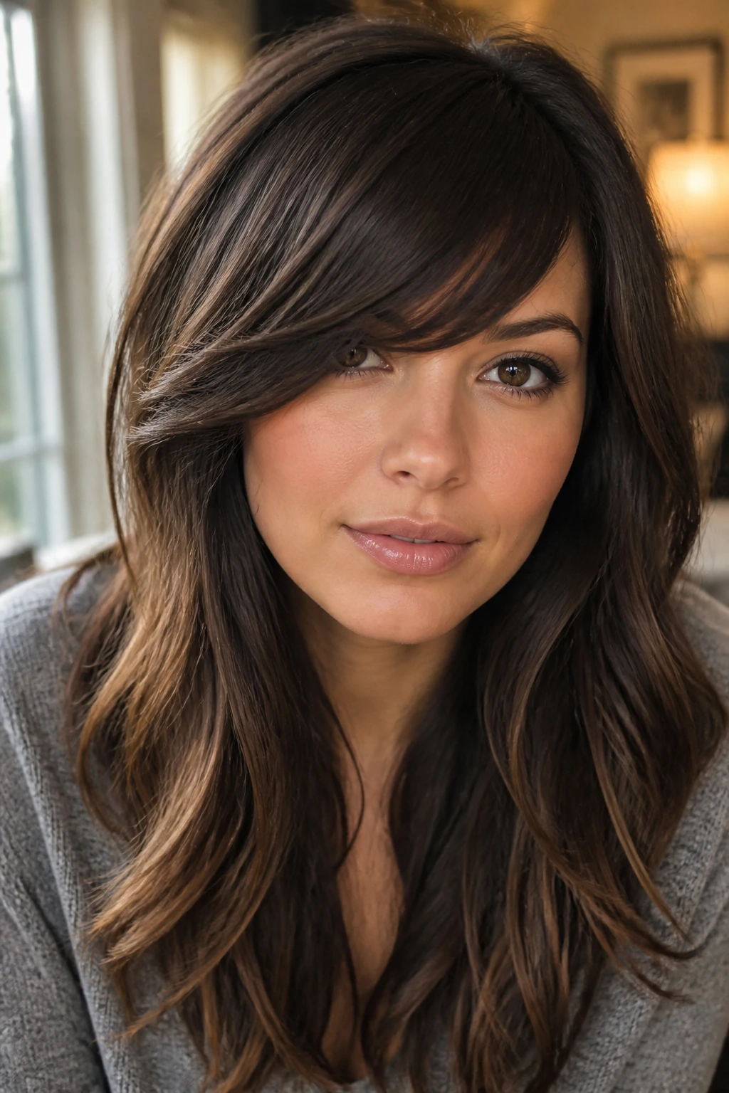 Close-up of a woman with side-swept chunky bangs