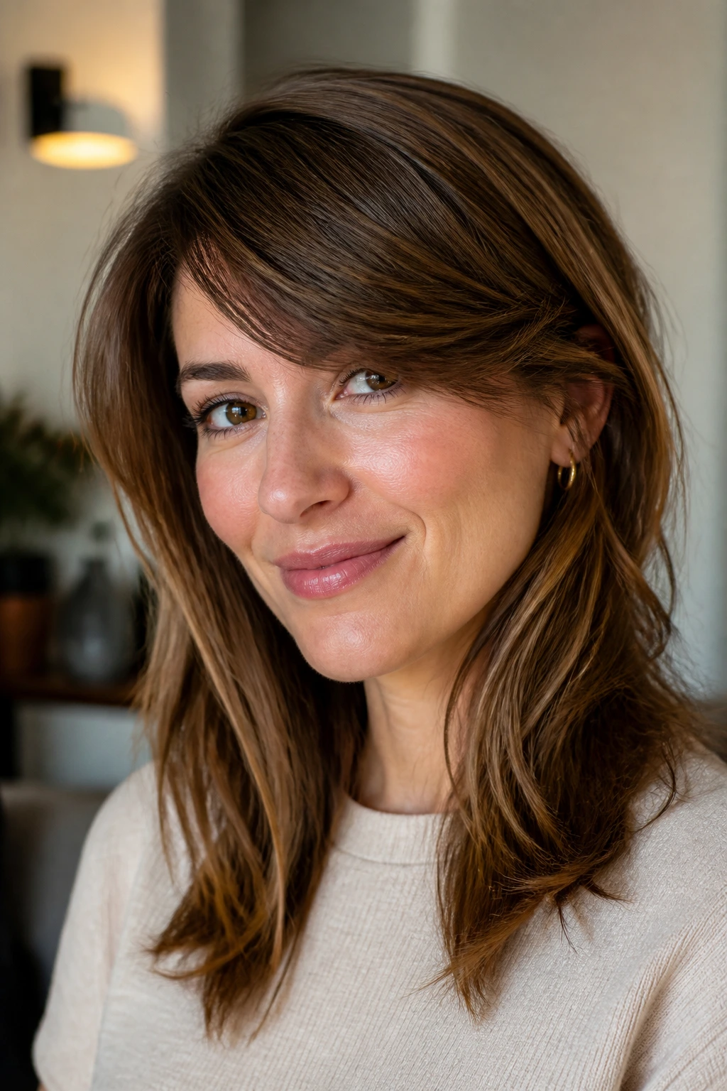 Close-up portrait of a real person with side-swept bangs
