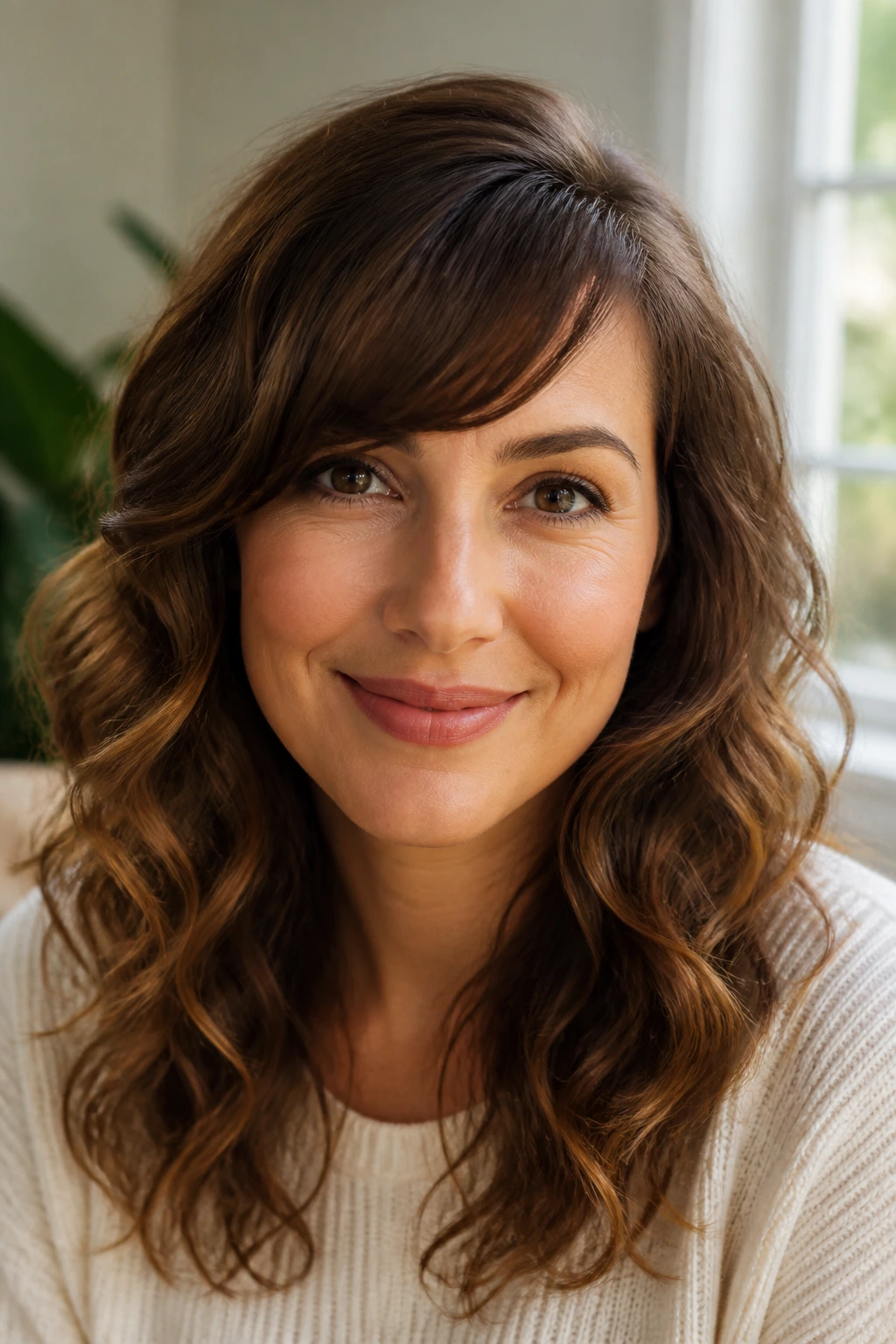 Close-up of a real woman with side-swept fringe and loose curls in natural light