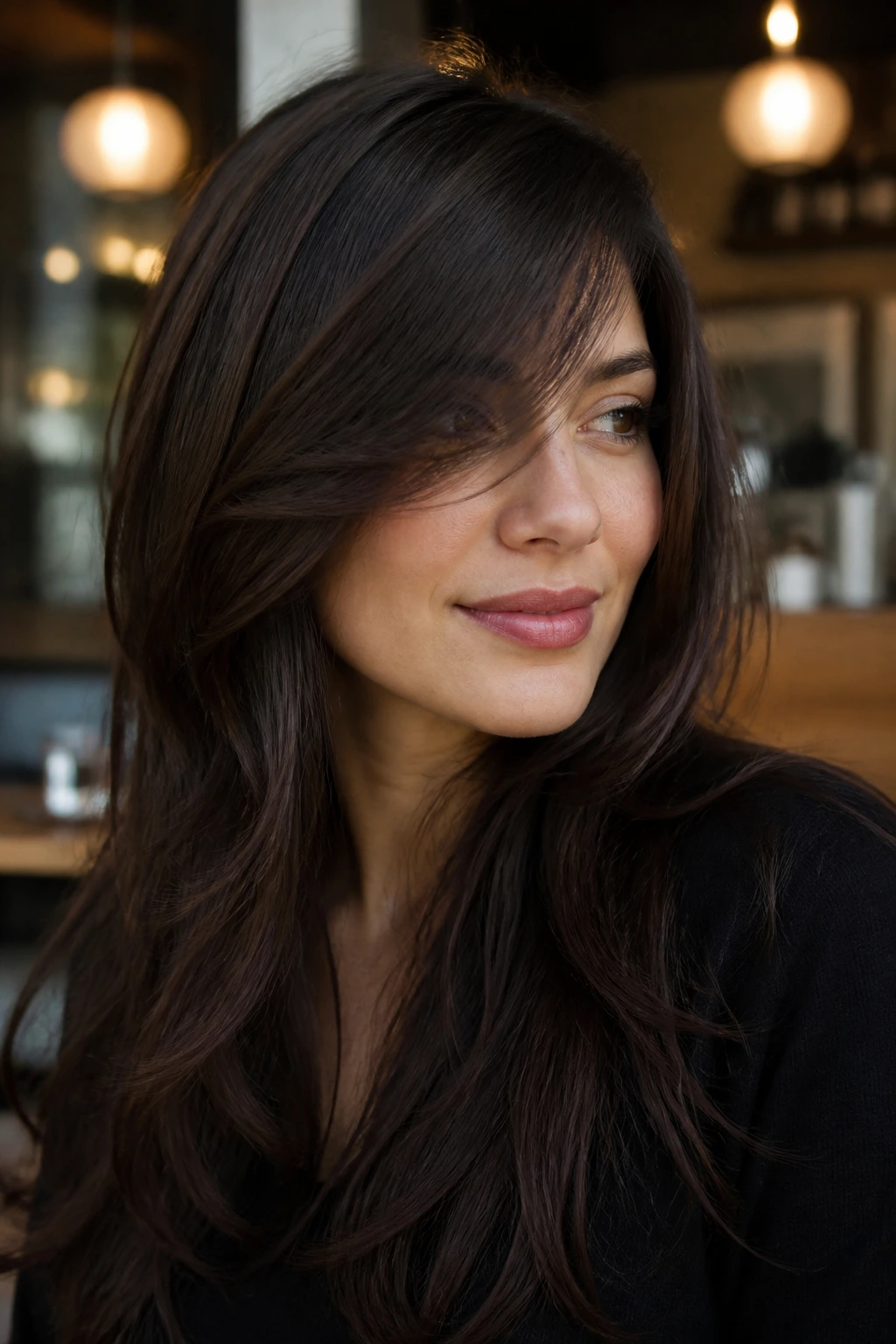 Close-up of side-swept bangs with face-framing ribbons
