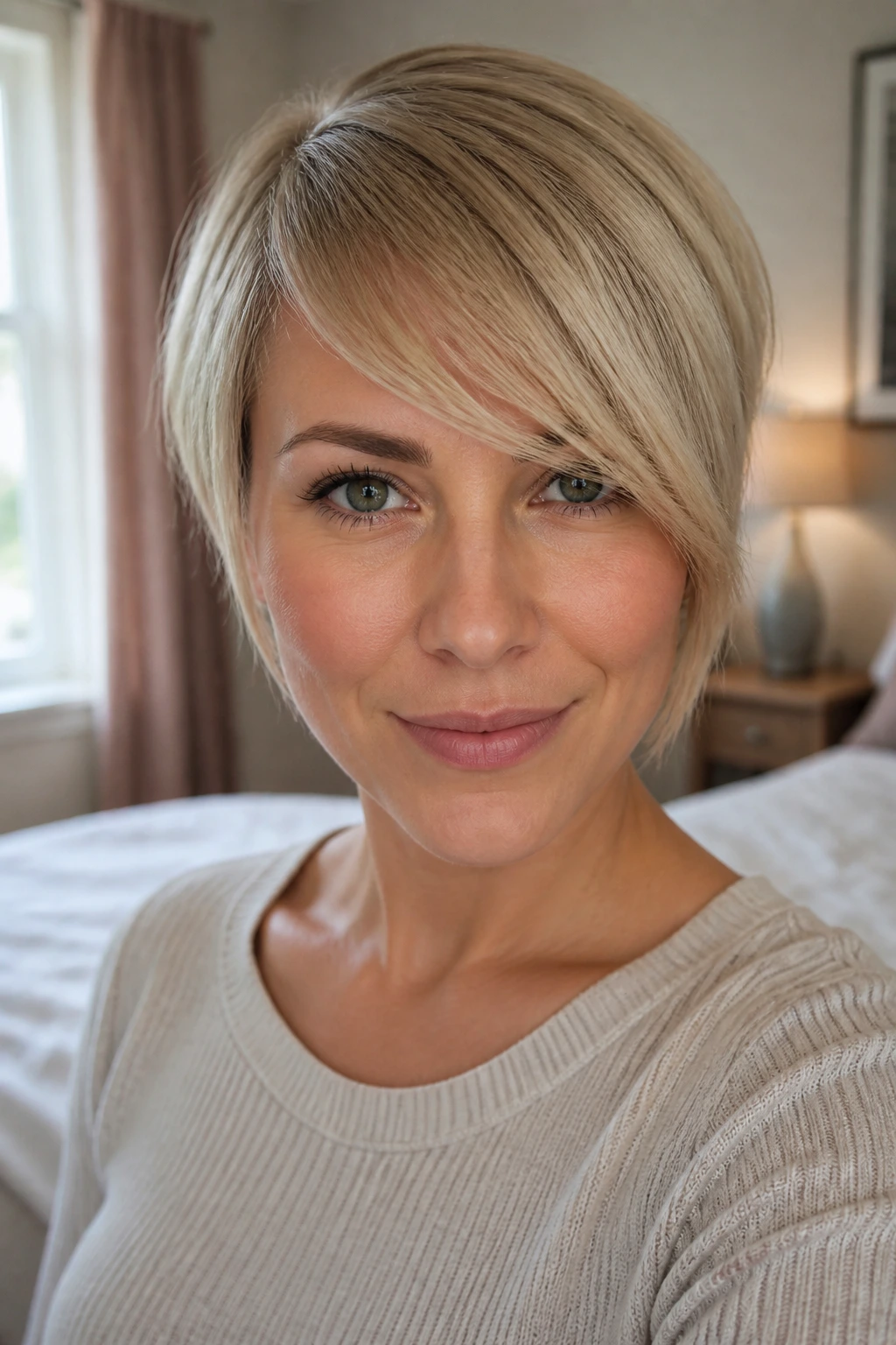 Close-up of a real woman with diagonal side-swept bangs illustrating shape change
