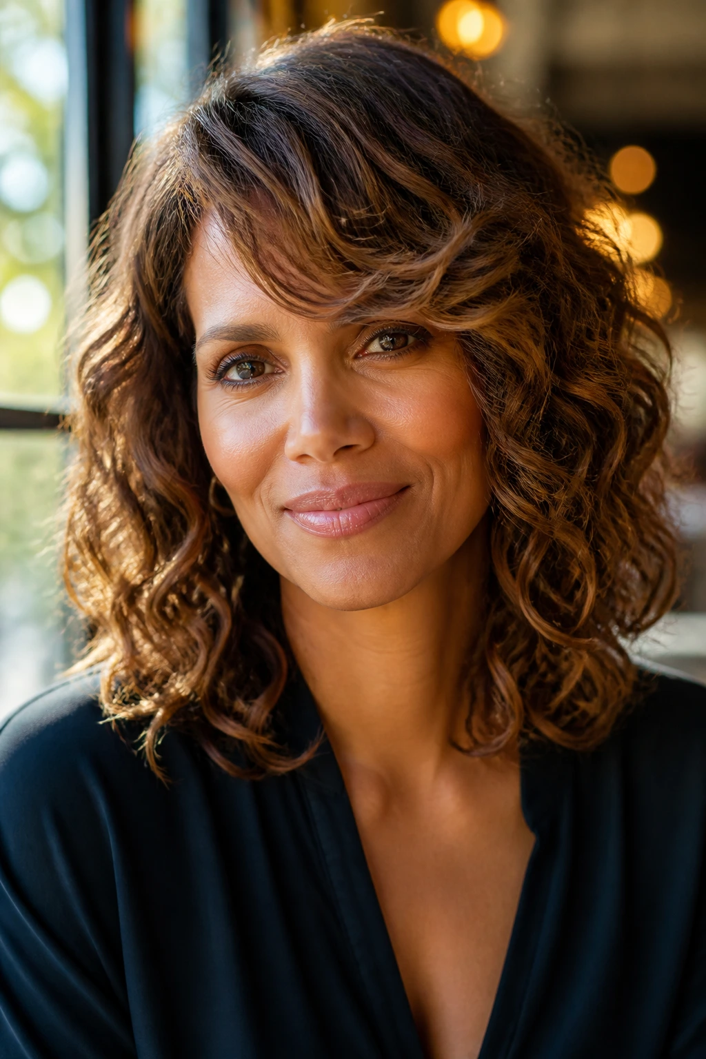 Close-up of a real woman with side-swept bangs and shoulder-length curls
