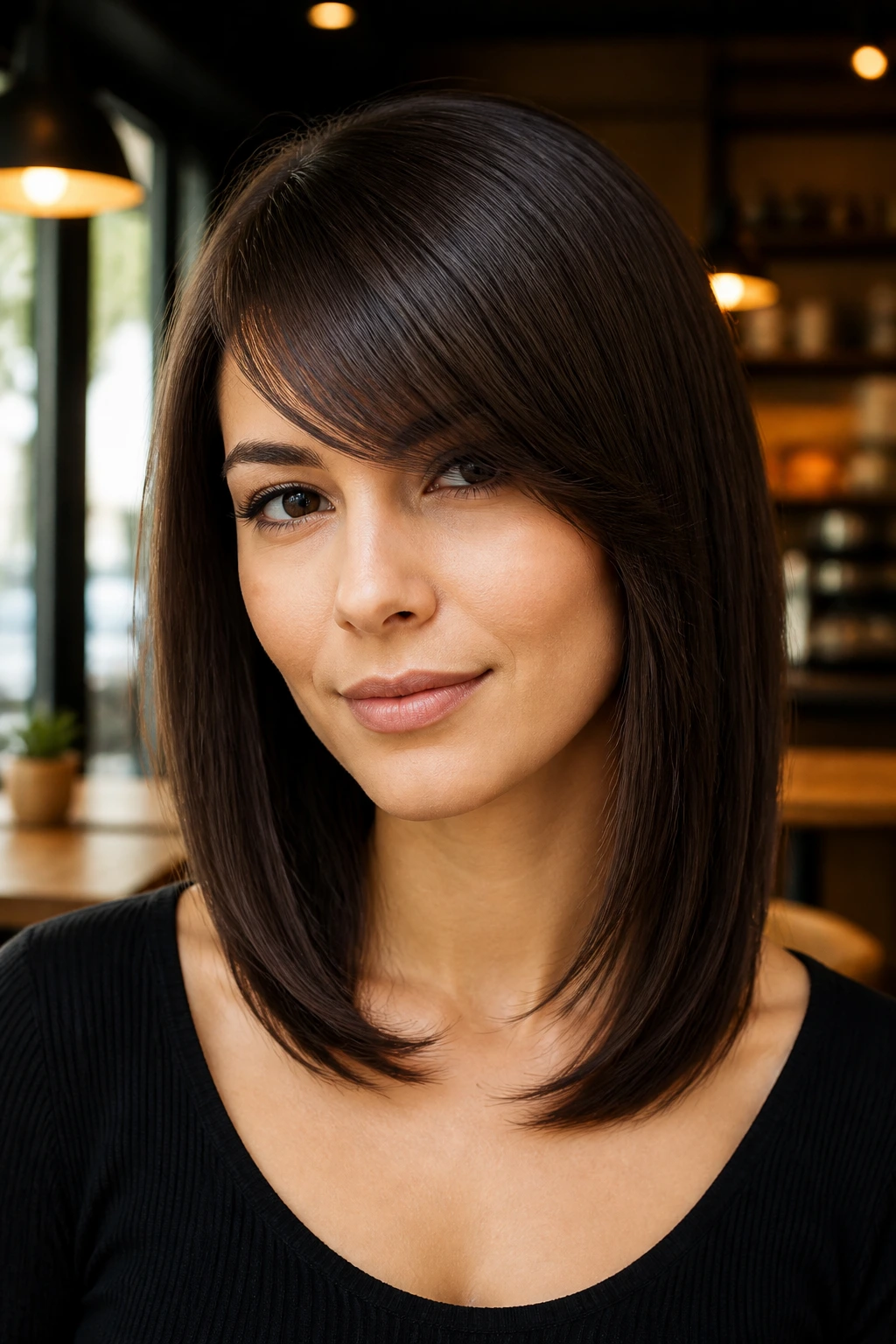 Close-up of a woman with side-swept bangs and sleek mid-length hair.