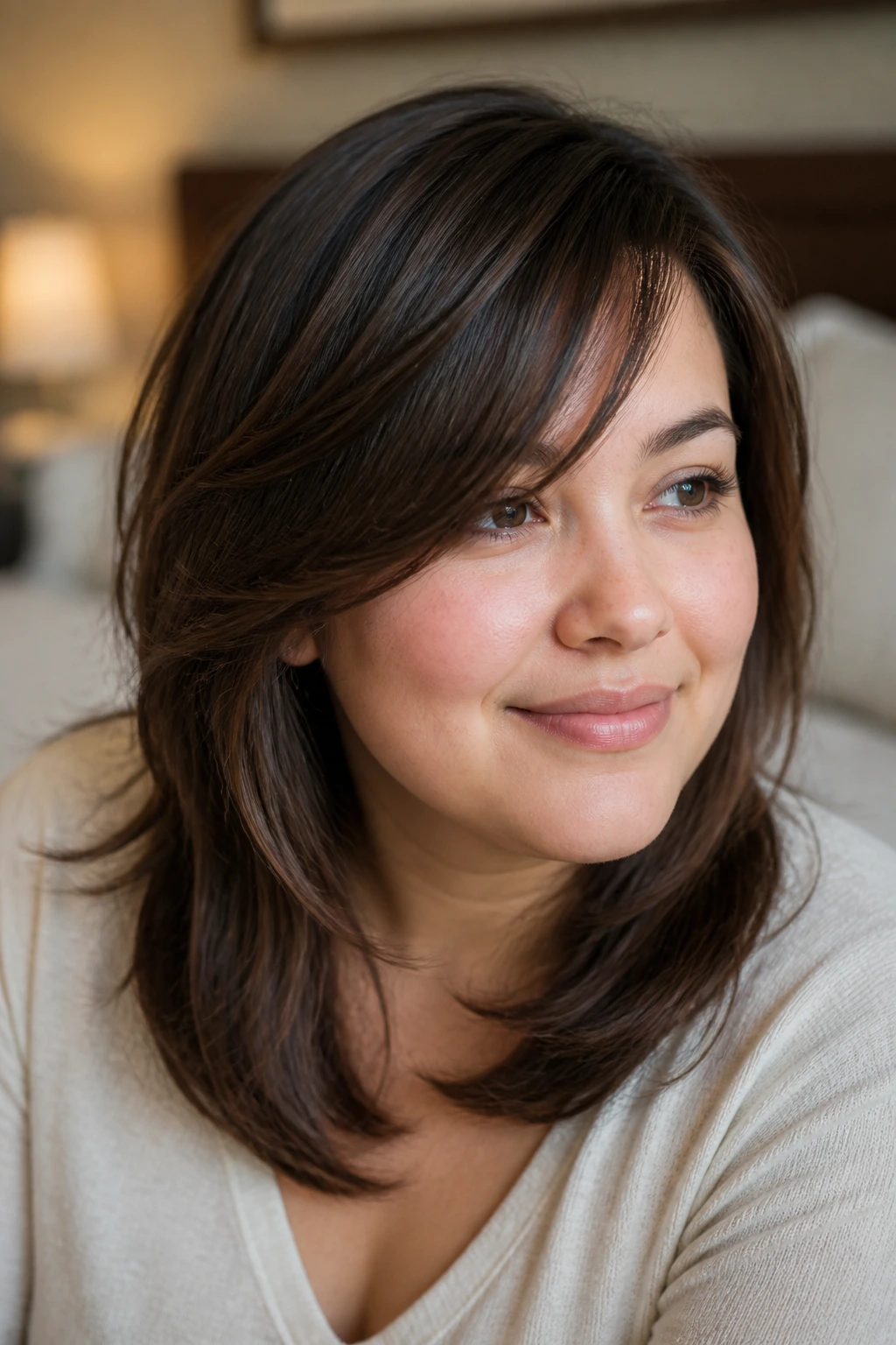 Close-up portrait of a real woman showing side-swept bangs with soft layers on a round face