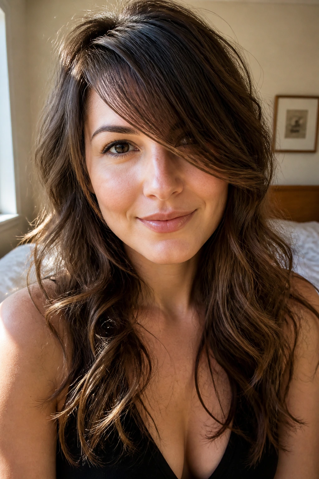 Close-up portrait of a real woman with side-swept bangs and soft lift in natural window light