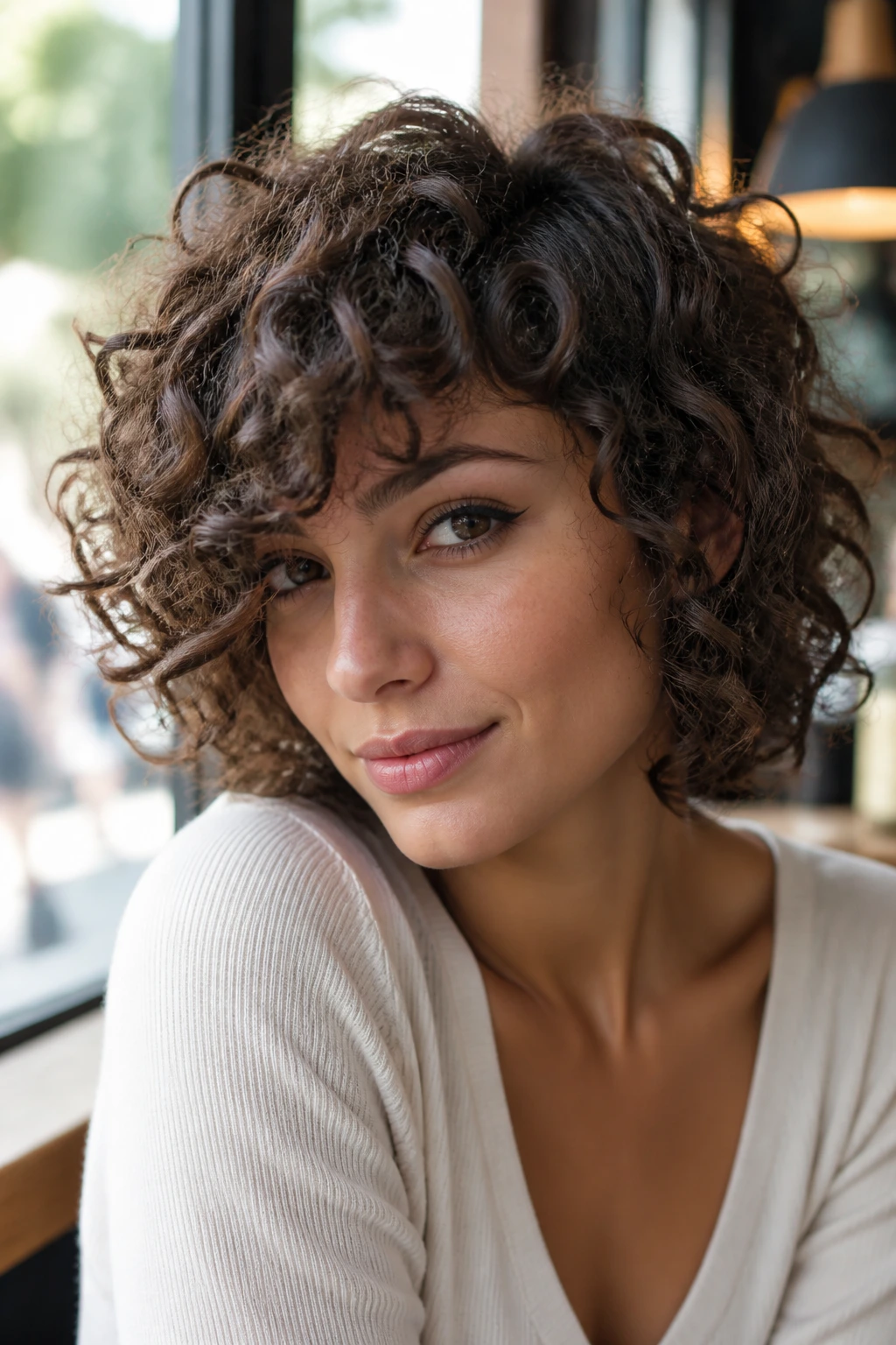 Portrait of a real woman with side-swept spiral bangs.