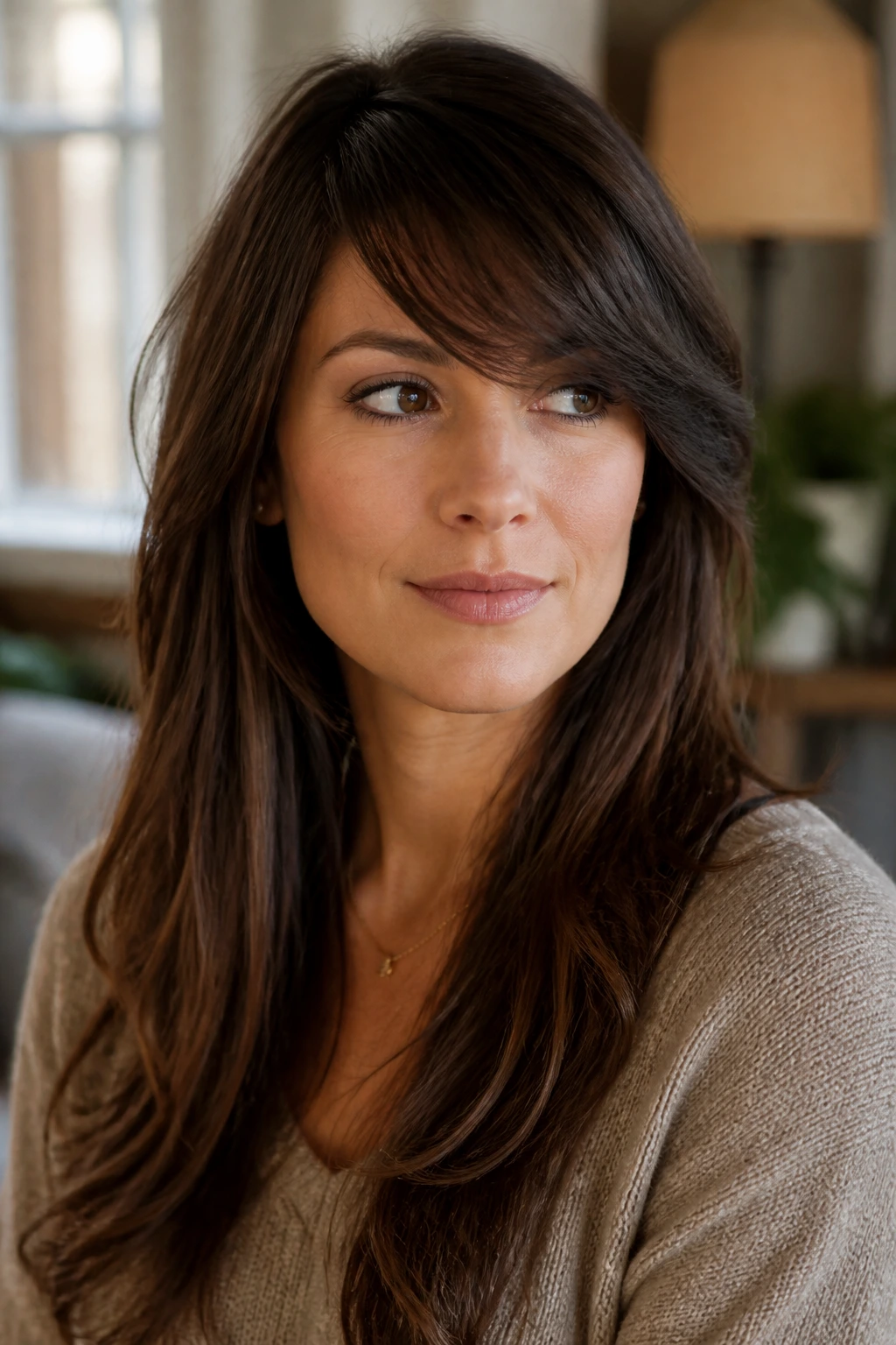 Close-up of a real woman with side-swept bangs softening a square jaw