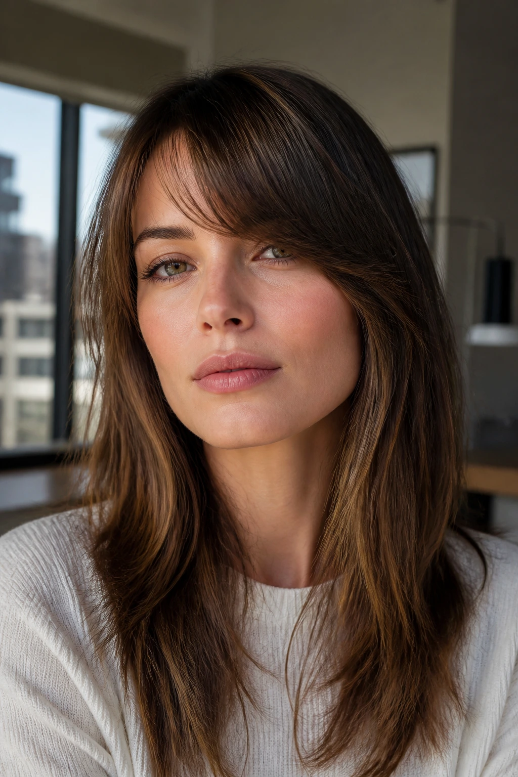 Portrait showing side-swept bangs on a square-faced person