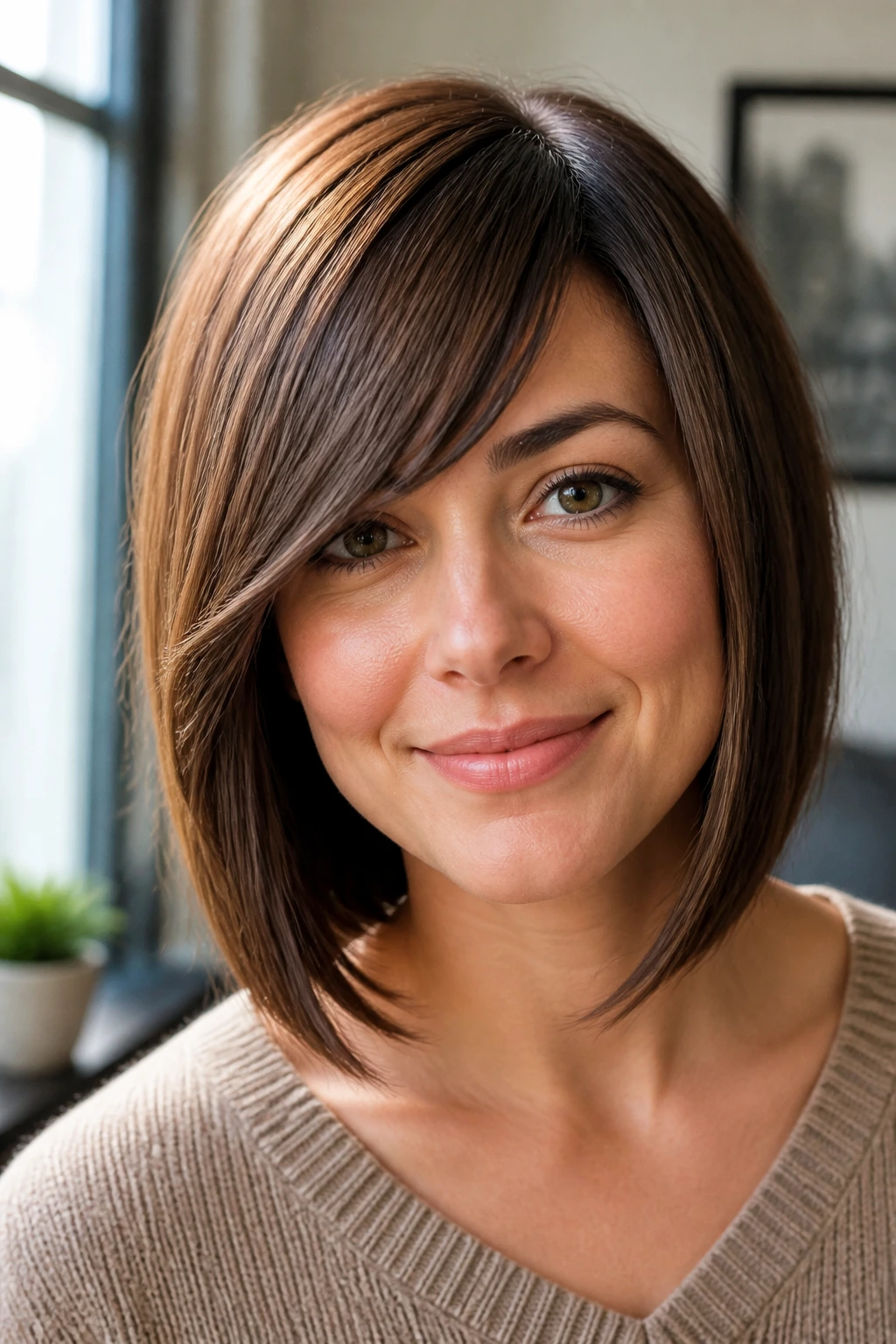 Portrait of a real woman with side-swept bangs blending into straight ends.