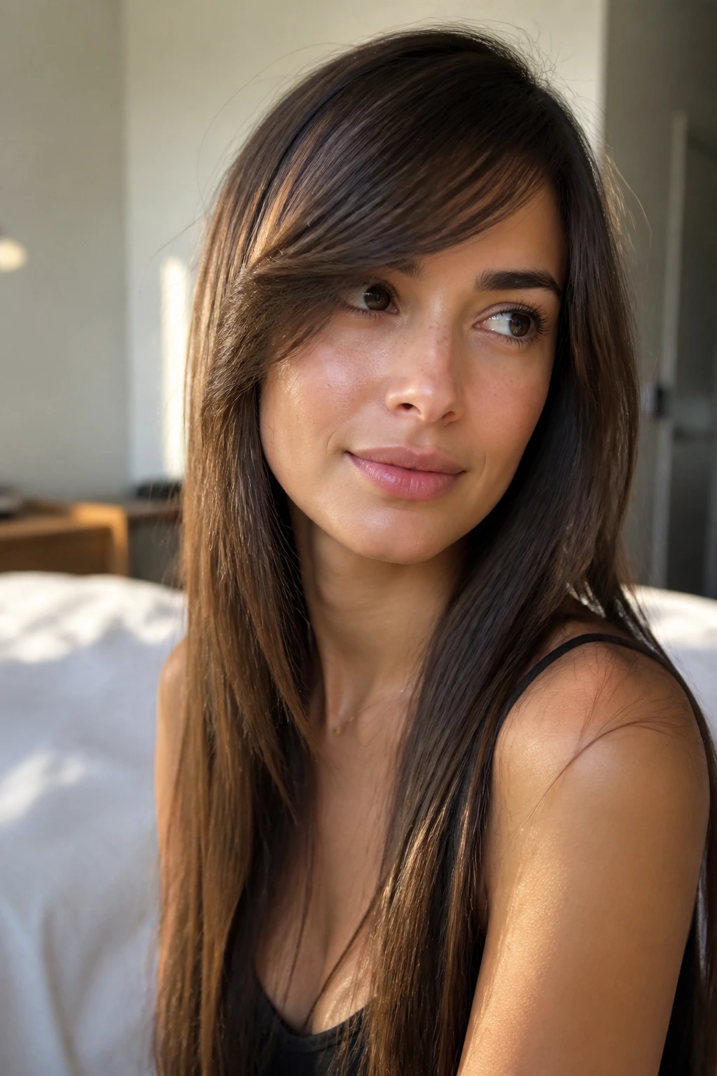 Portrait of a woman with long straight hair and a diagonal side-swept bang