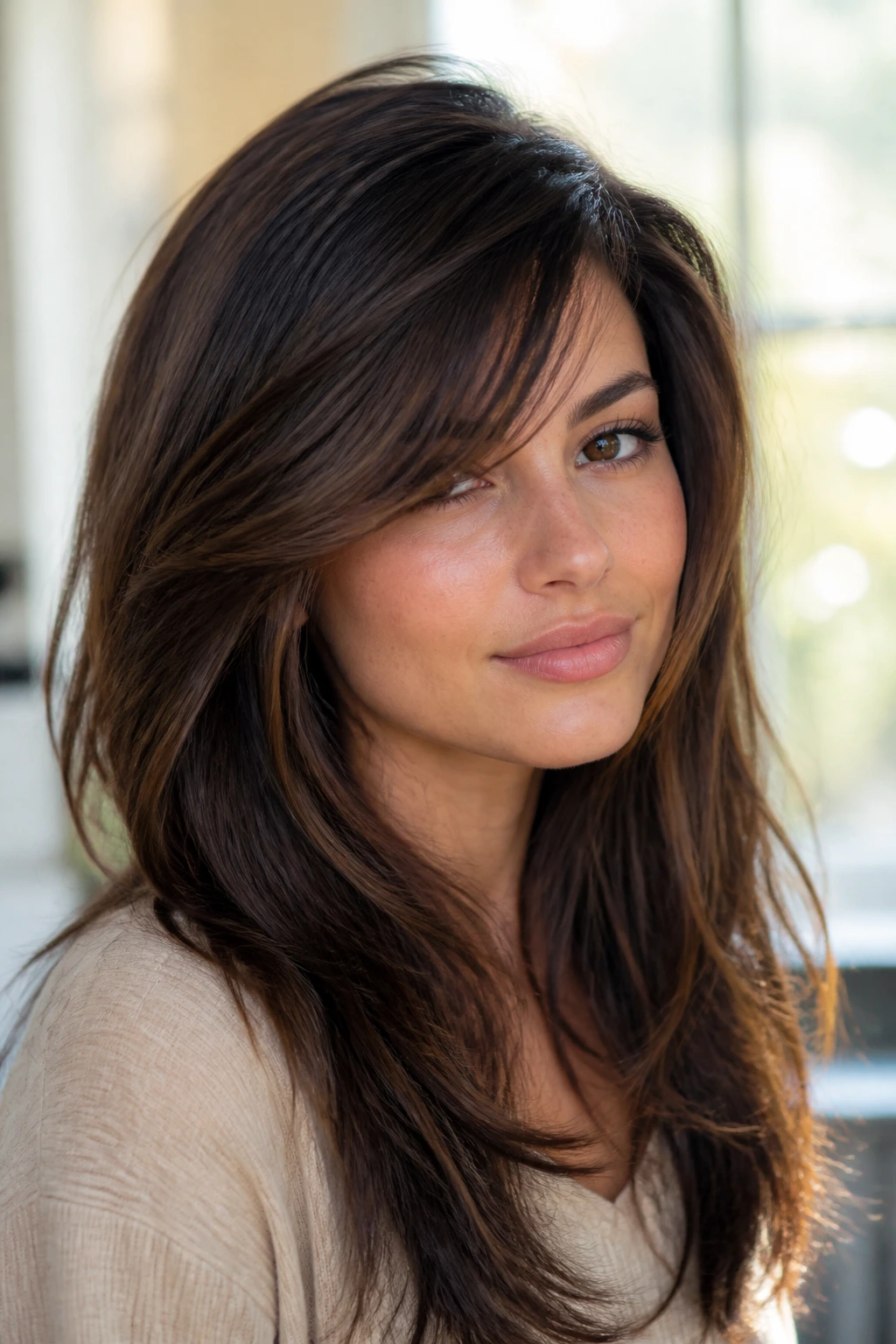 Portrait of a real person with side-swept bangs shaped to fall naturally