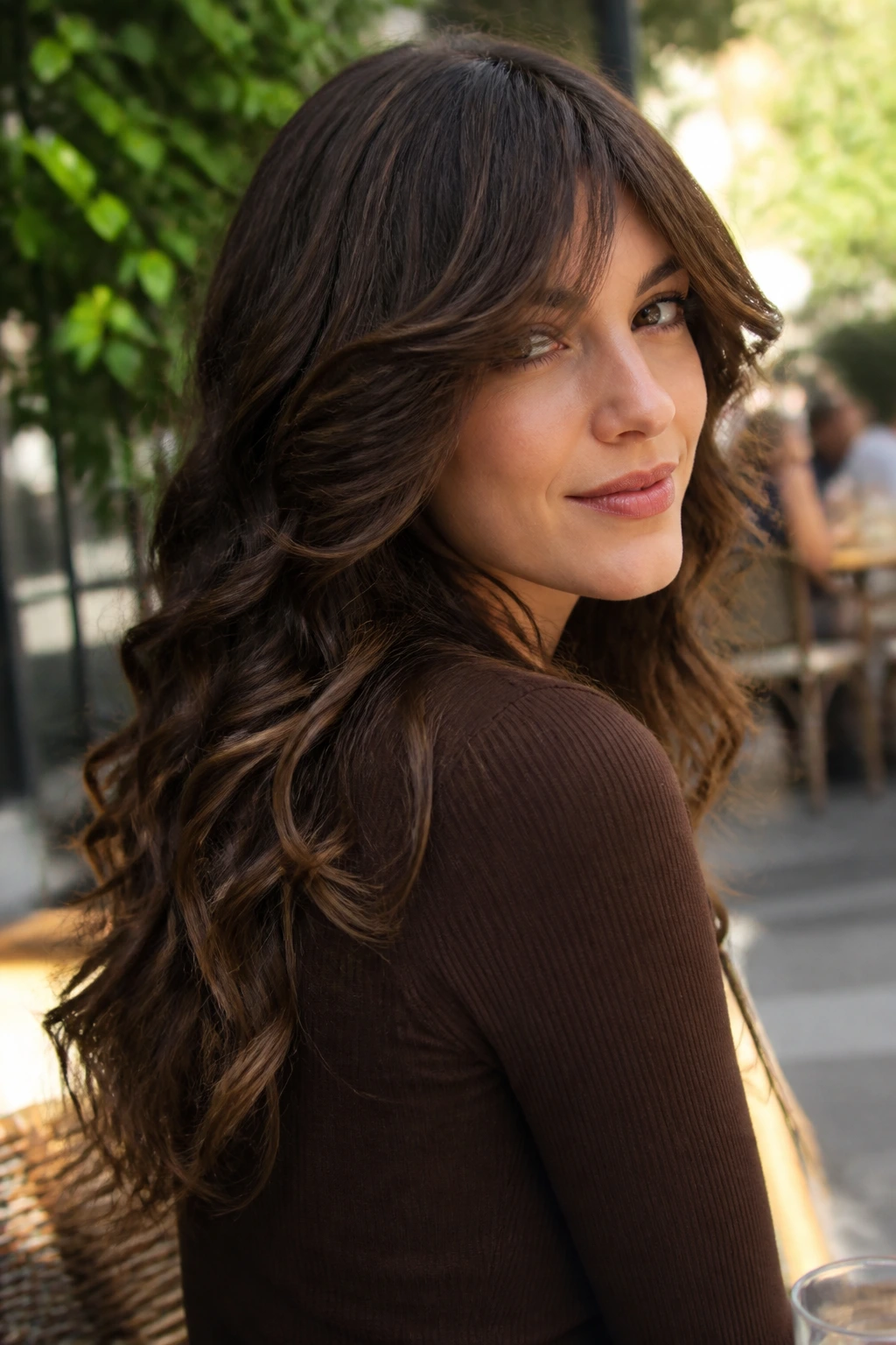 Medium close-up of a real woman with side-swept bangs and waterfall ends.