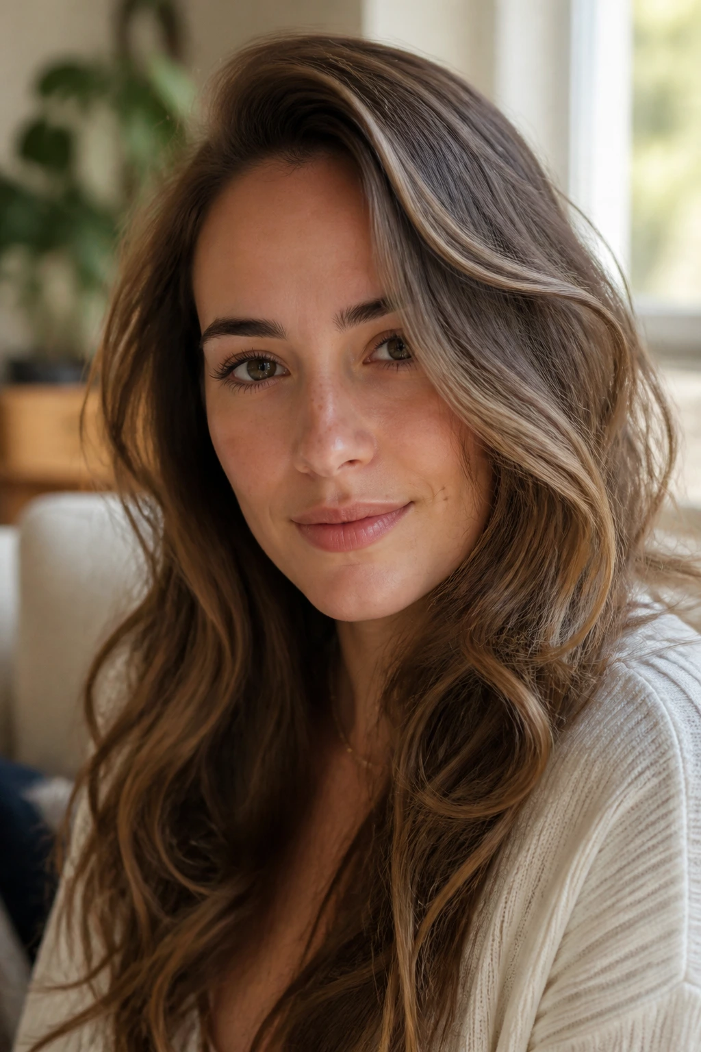 Close-up of a real woman with a long side-part sweep and wavy hair filling the frame
