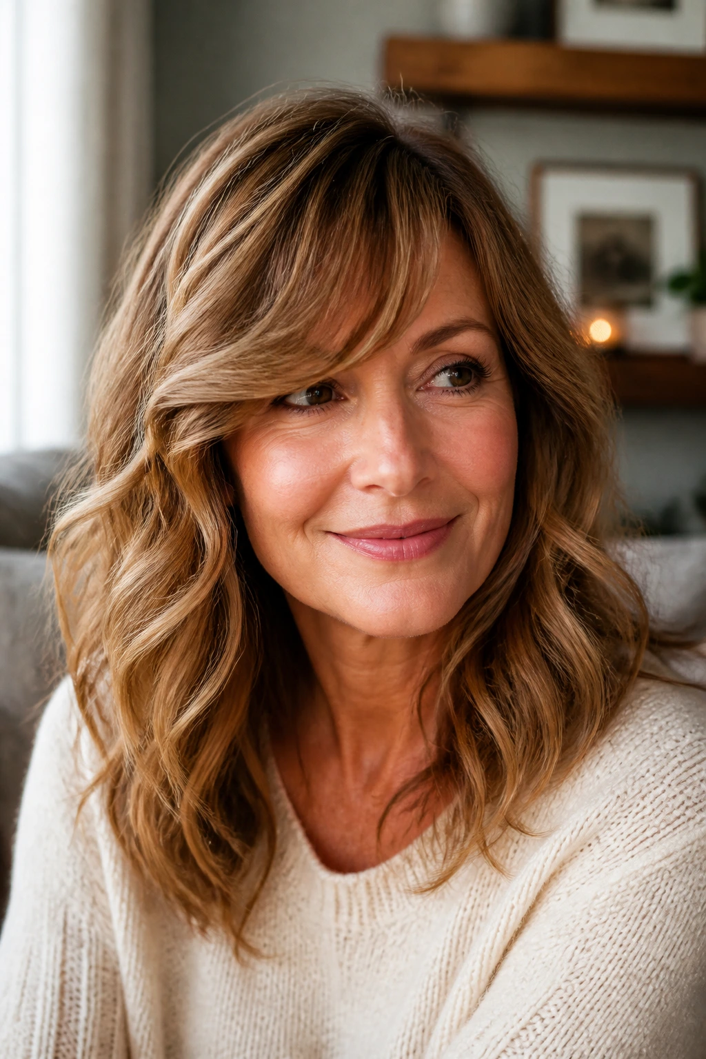 Portrait of a woman with side-swept wavy bangs and a soft bend