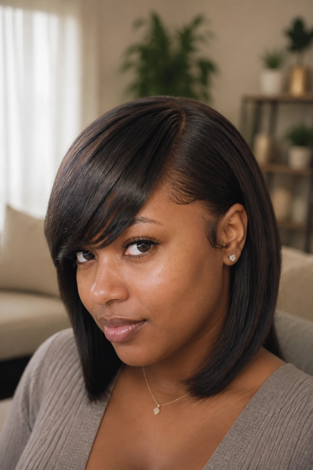 Close-up portrait of a real woman with side-swept bangs showing fringe blending with weave