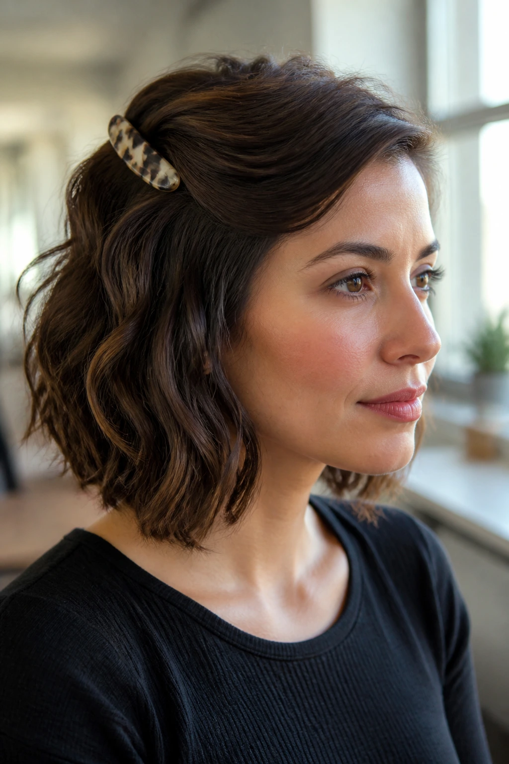 Close-up portrait of a real woman with shoulder-length waves swept to one side pinned by a barrette