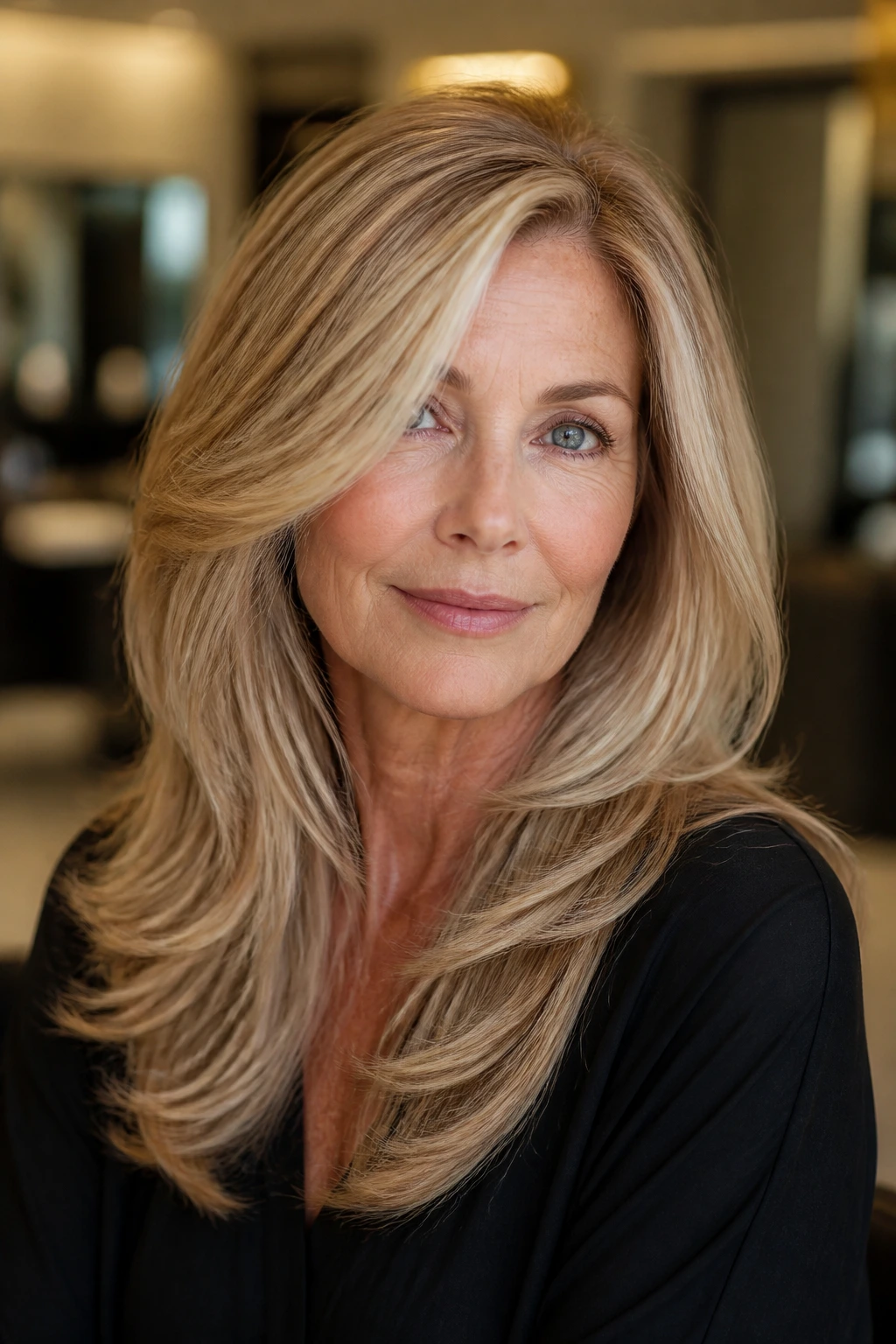 Real woman with side-swept blowout and feathered ends in warm light