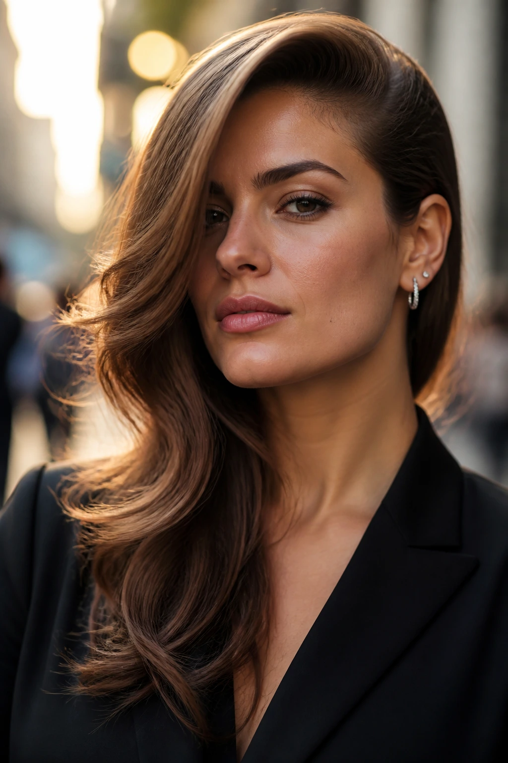 Close-up of a real woman with a side-swept retro blowout in golden hour light