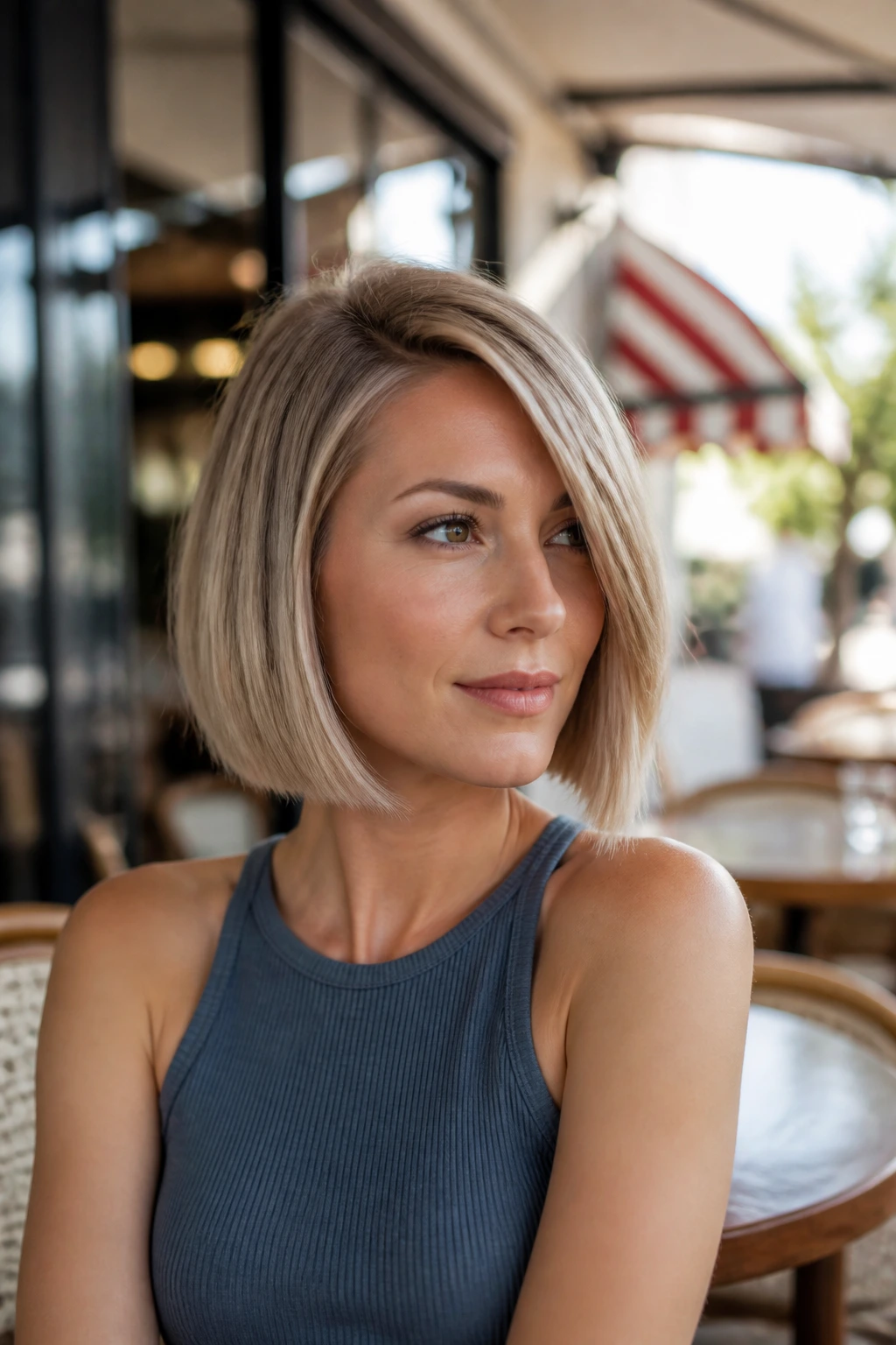 Three-quarter portrait of person wearing side-swept blunt bob in daylight