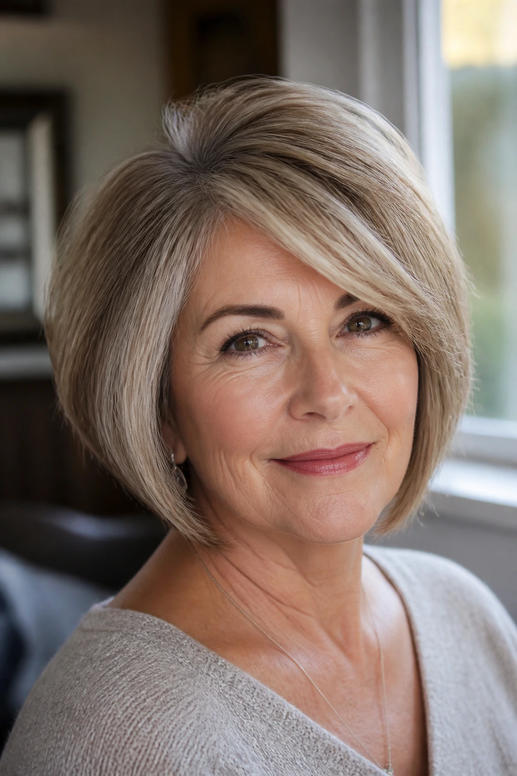 Real woman with side-swept bob and crown fullness