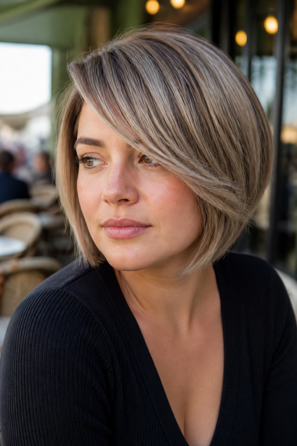Real woman with side-swept bob and ash brown lowlights in daylight outdoors.