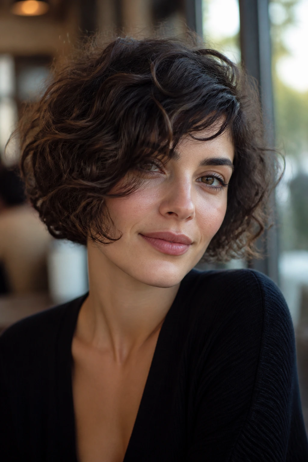 Close-up of a real woman with a side-swept French bob skimming cheekbones.
