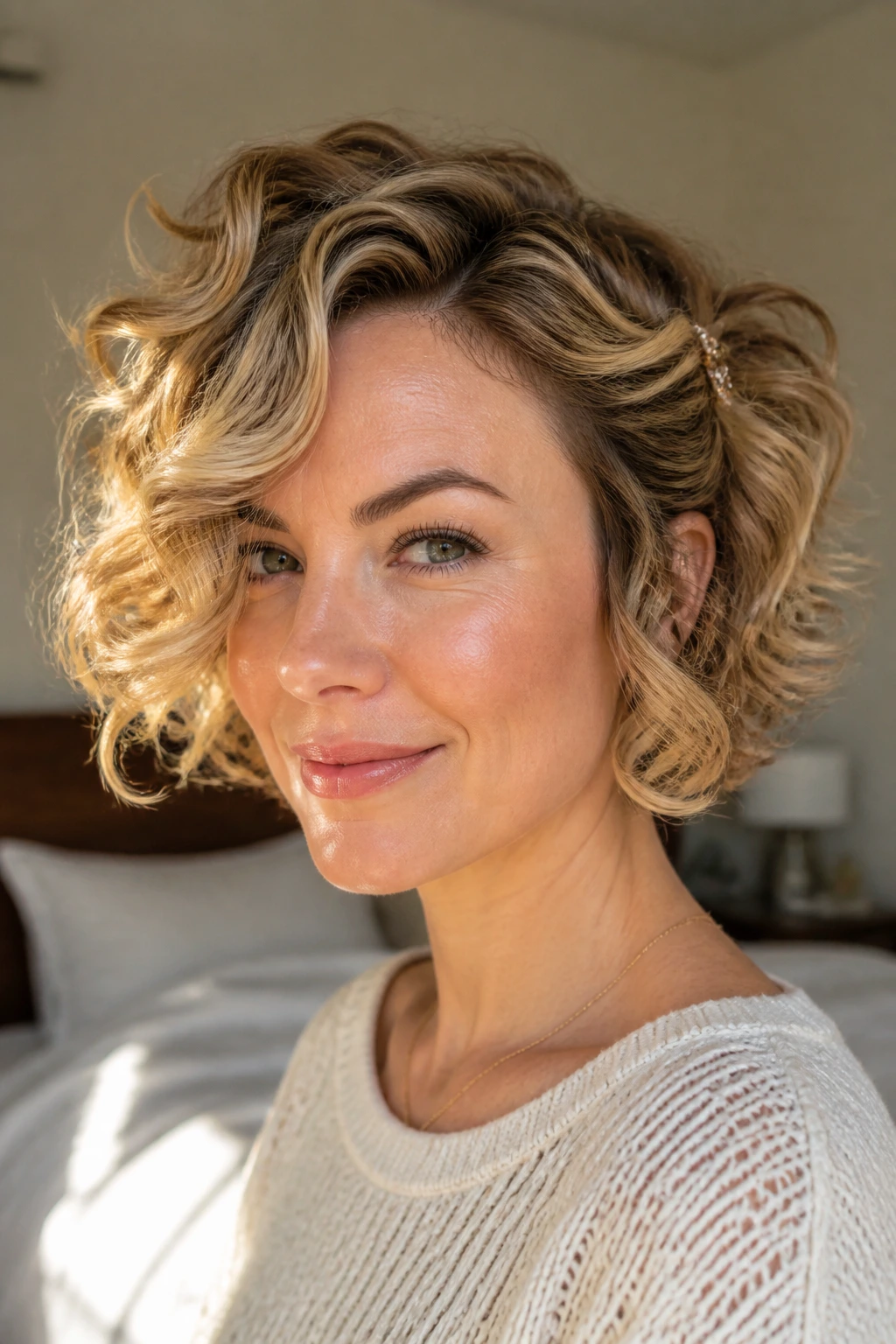 Close-up of a real woman with side-swept curls emphasizing cheekbones in honey-blonde tones