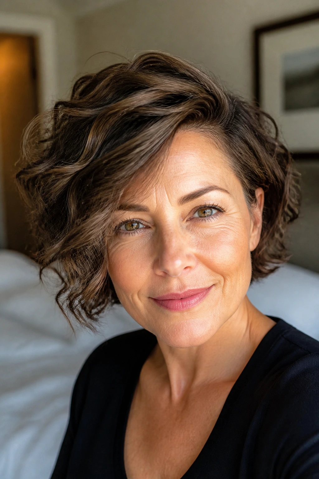 Close-up of a real woman with a side-swept curly bob and loose ends