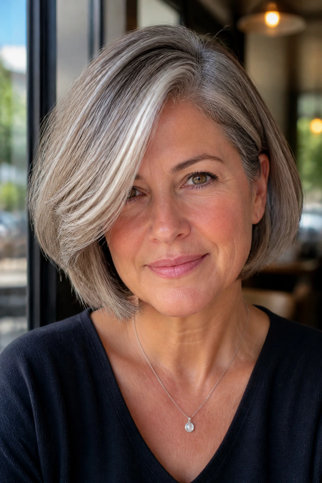 Close-up of a real woman with a deep-part side-swept bob and hair across the forehead