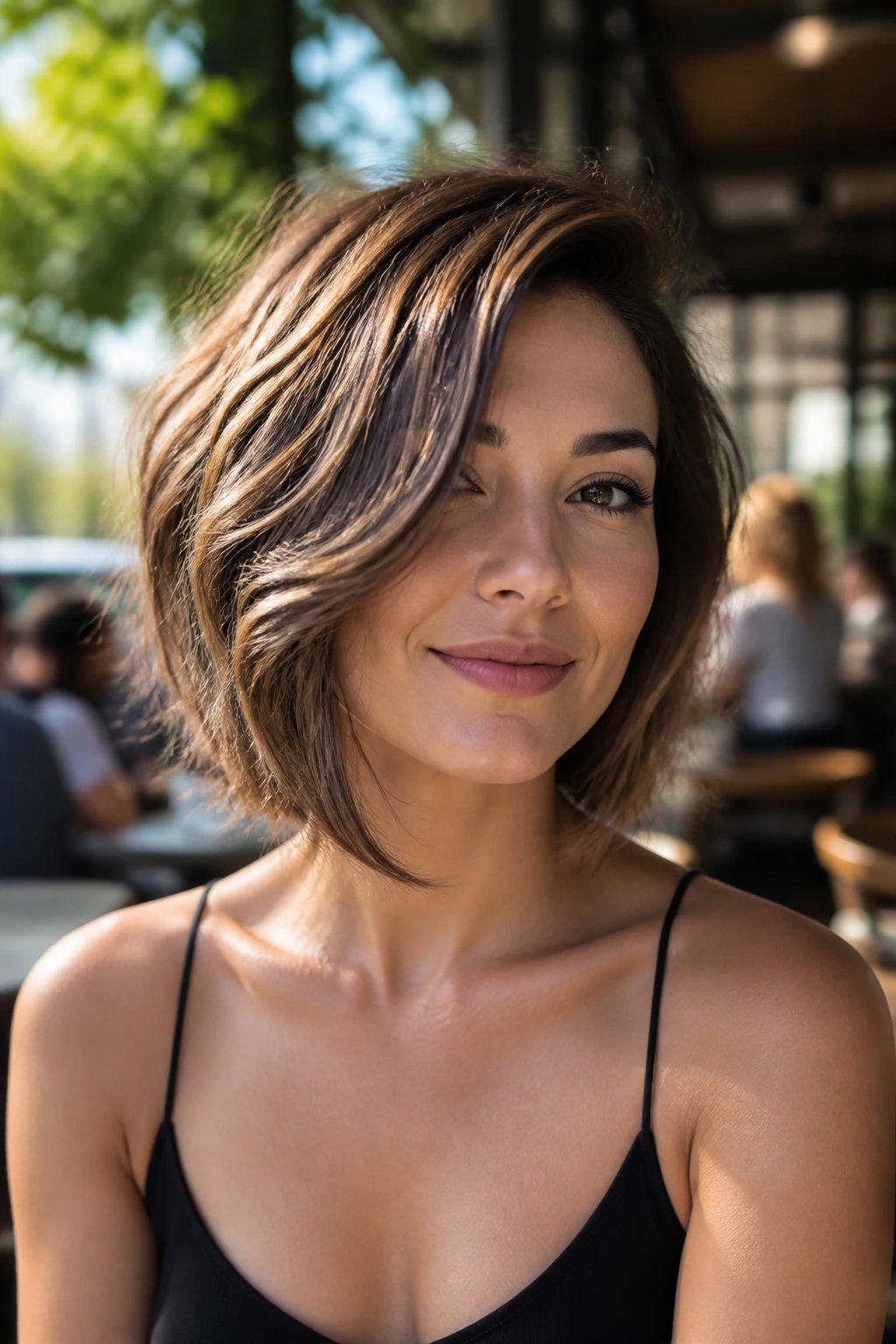 Close-up portrait of a real woman with side-swept bob and face-framing layers in outdoor light