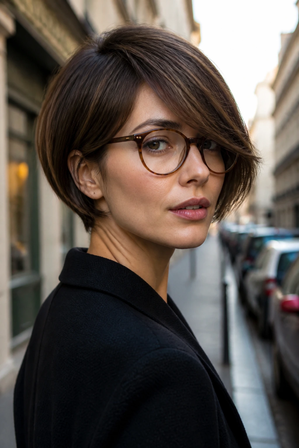 Portrait of a real person with side-swept bob and long fringe outdoors