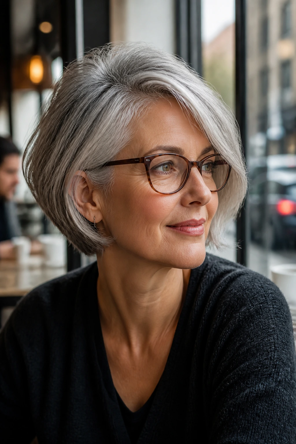 Portrait of a real woman with crown-boost side-swept bob